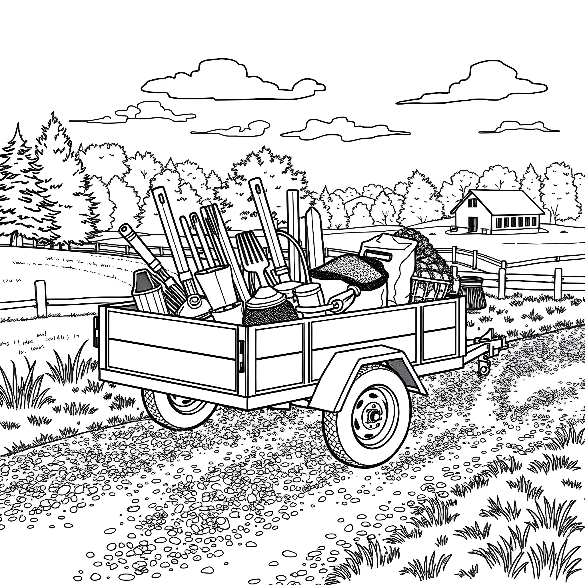 Utility Trailer Loaded with Outdoor Equipment in Rural Landscape Coloring Page (free black-and-white line drawing printable PDF for all, from beginners to advanced learners, including children, teens, adults, and seniors)
