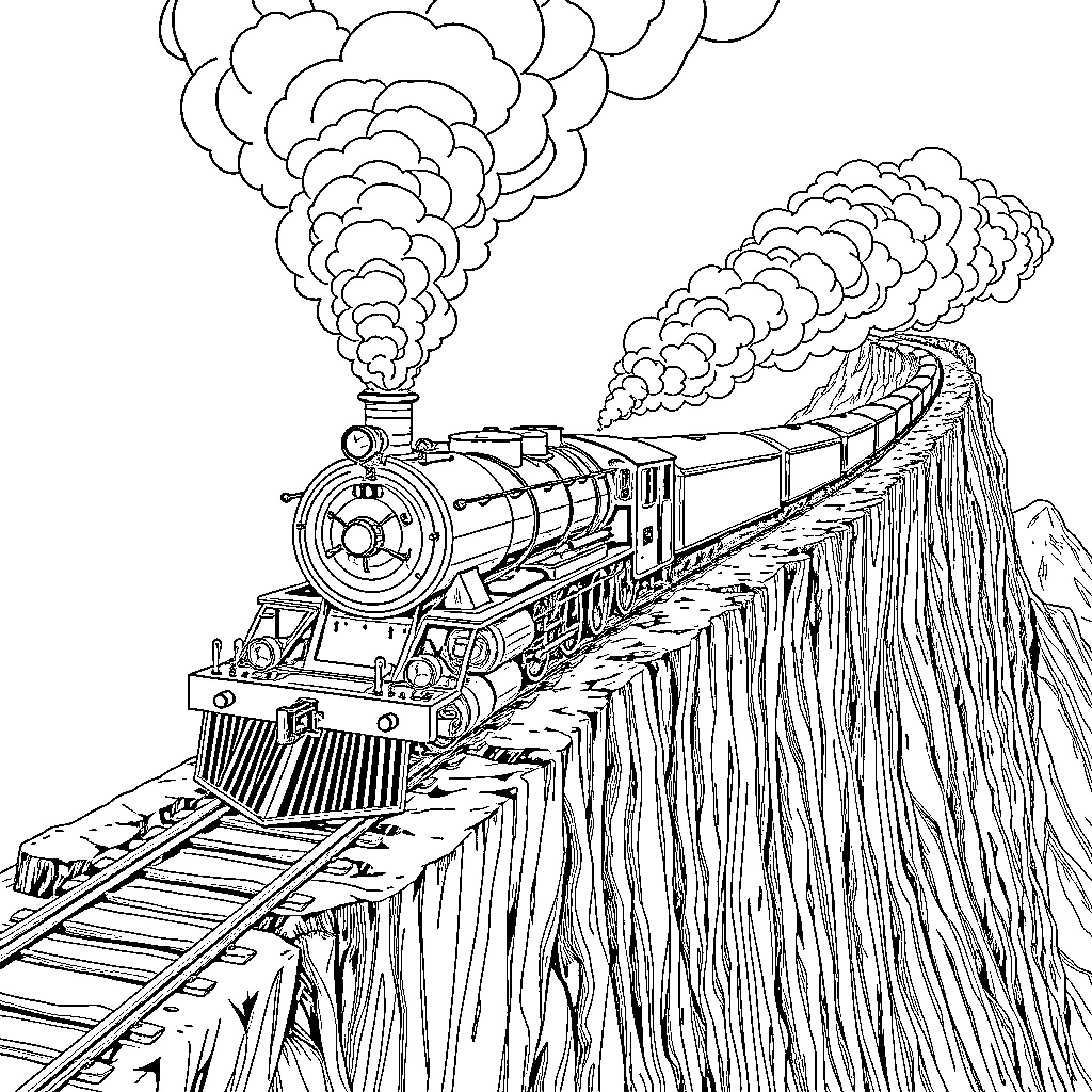 Train speeding through scenic mountain landscape Coloring Page (free black-and-white line drawing printable PDF for all, from beginners to advanced learners, including children, teens, adults, and seniors)