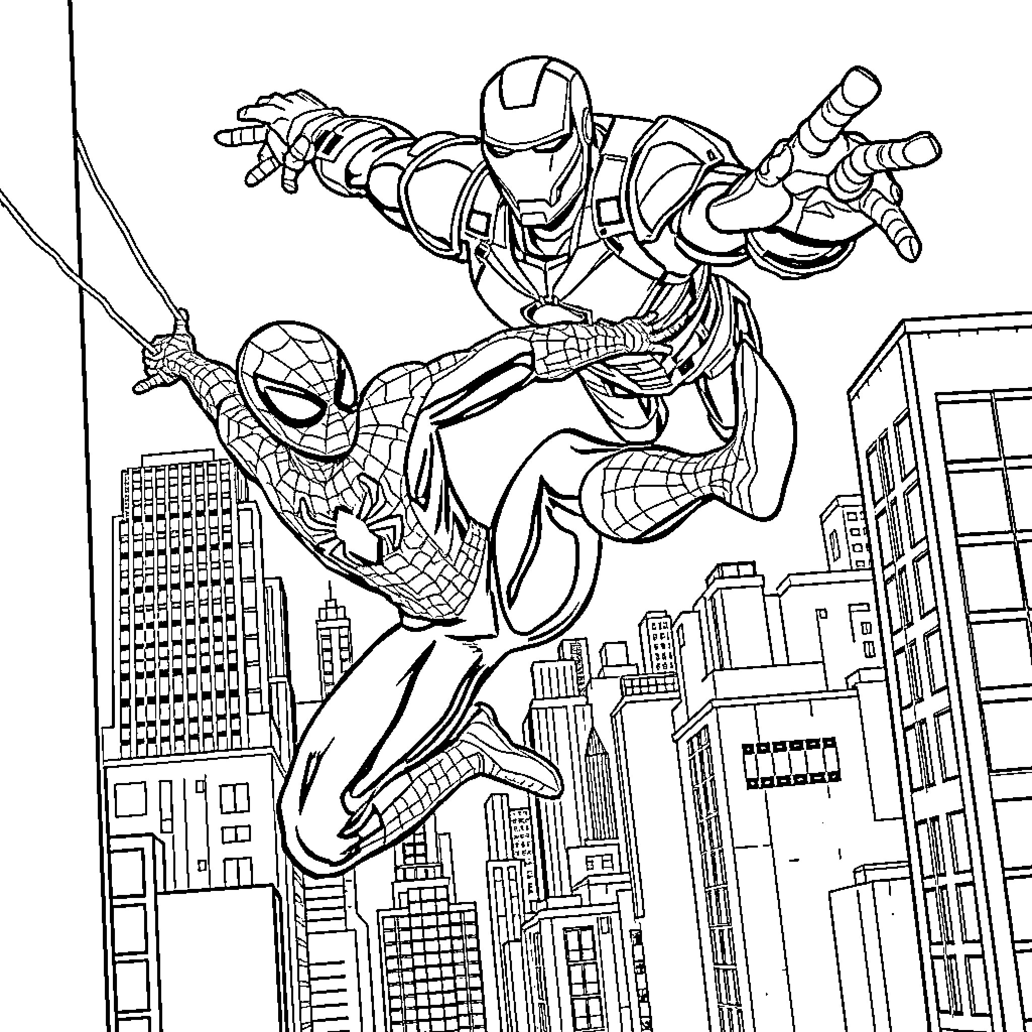 Spider-Man and Iron Man battling over the city skyline Coloring Page (free black-and-white line drawing printable PDF for all, from beginners to advanced learners, including children, teens, adults, and seniors)