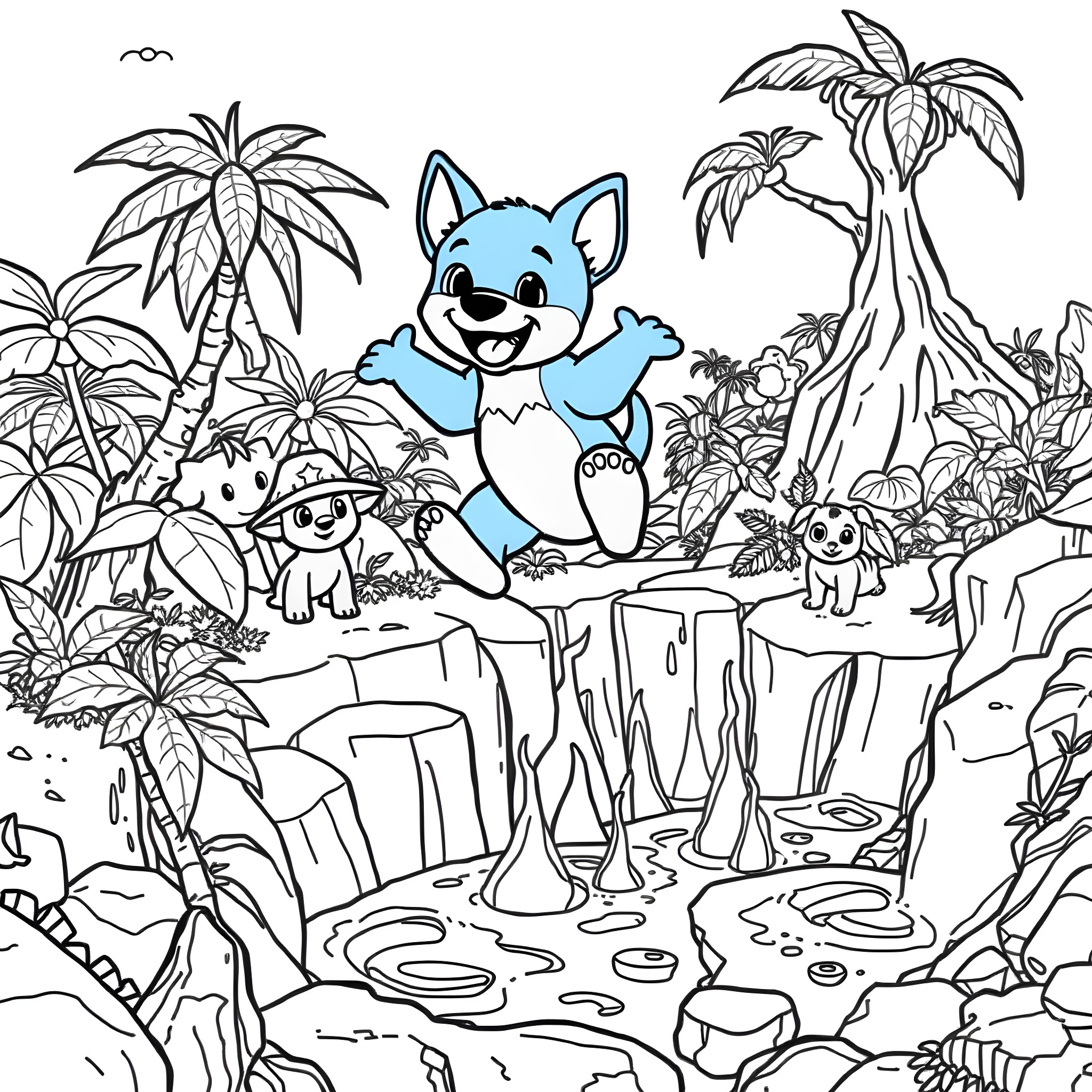 Bluey and Friends Exploring the Jungle Landscape Coloring Page (free black-and-white line drawing printable PDF for all, from beginners to advanced learners, including children, teens, adults, and seniors)