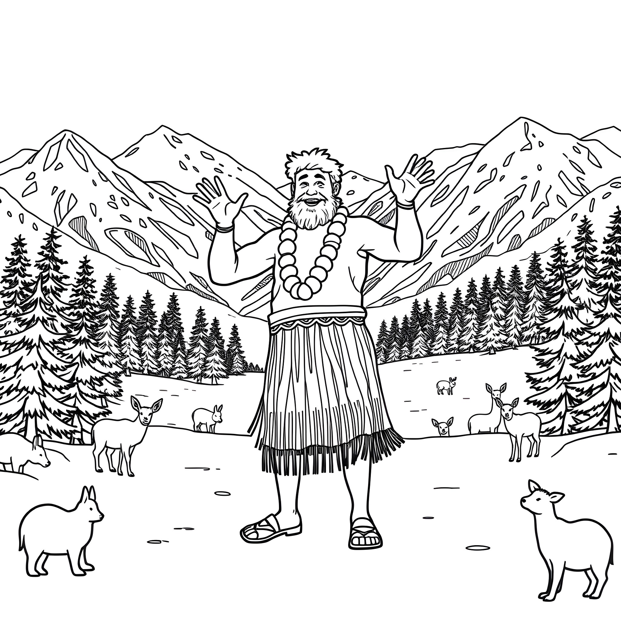 Dad enjoys the outdoors in tribal outfit with wildlife Coloring Page (free black-and-white line drawing printable PDF for all, from beginners to advanced learners, including children, teens, adults, and seniors)