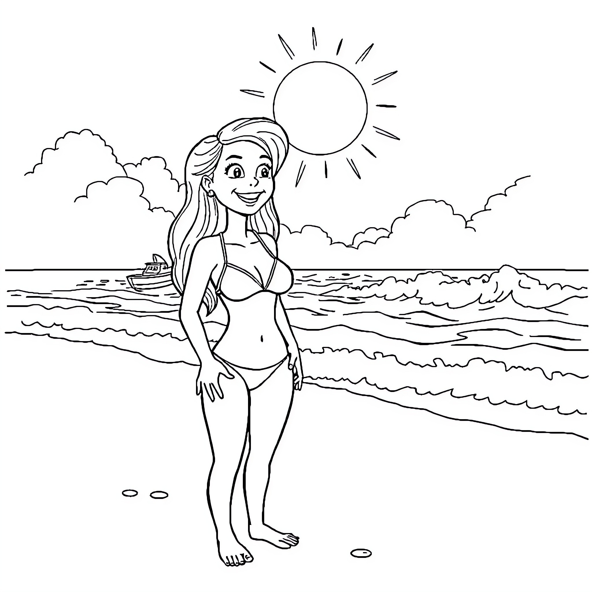 Gabby enjoys the sunny beach day Coloring Page (free black-and-white line drawing printable PDF for all, from beginners to advanced learners, including children, teens, adults, and seniors)