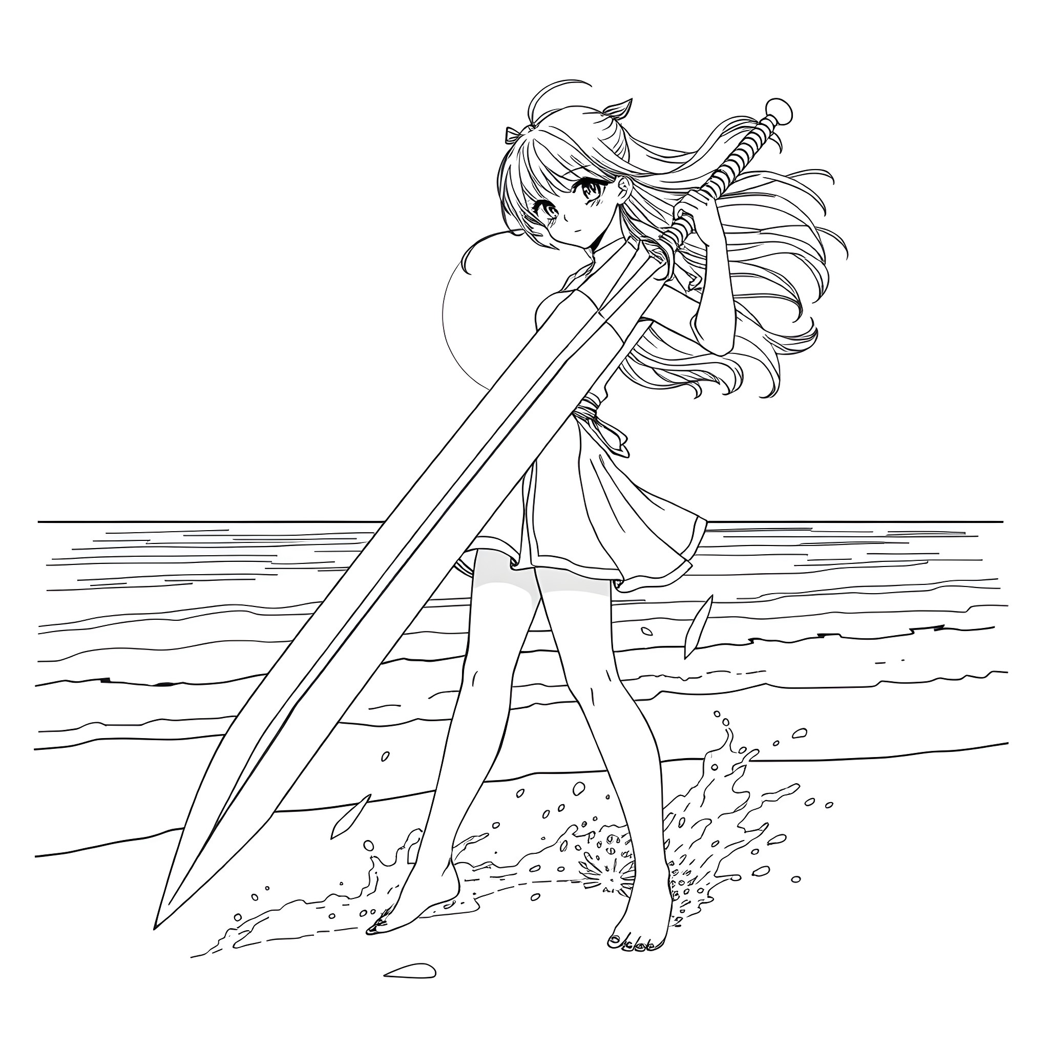 Anime Girl Wielding a Sword on the Beach Coloring Page (free black-and-white line drawing printable PDF for all, from beginners to advanced learners, including children, teens, adults, and seniors)