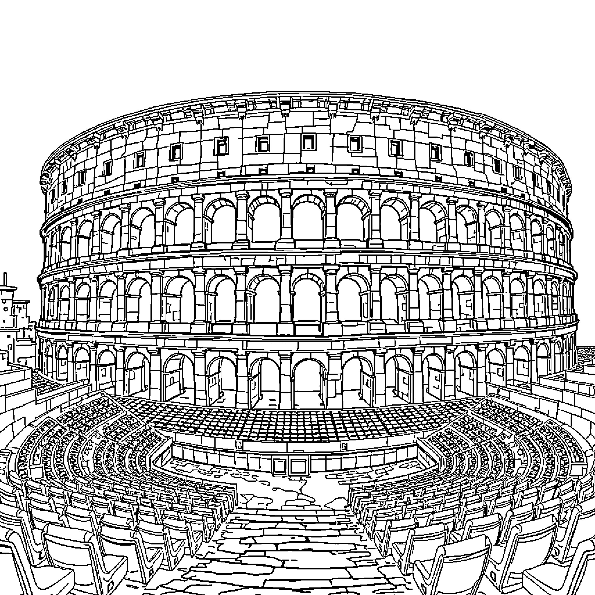Coliseum of Roman architectural grandeur Coloring Page (free black-and-white line drawing printable PDF for all, from beginners to advanced learners, including children, teens, adults, and seniors)