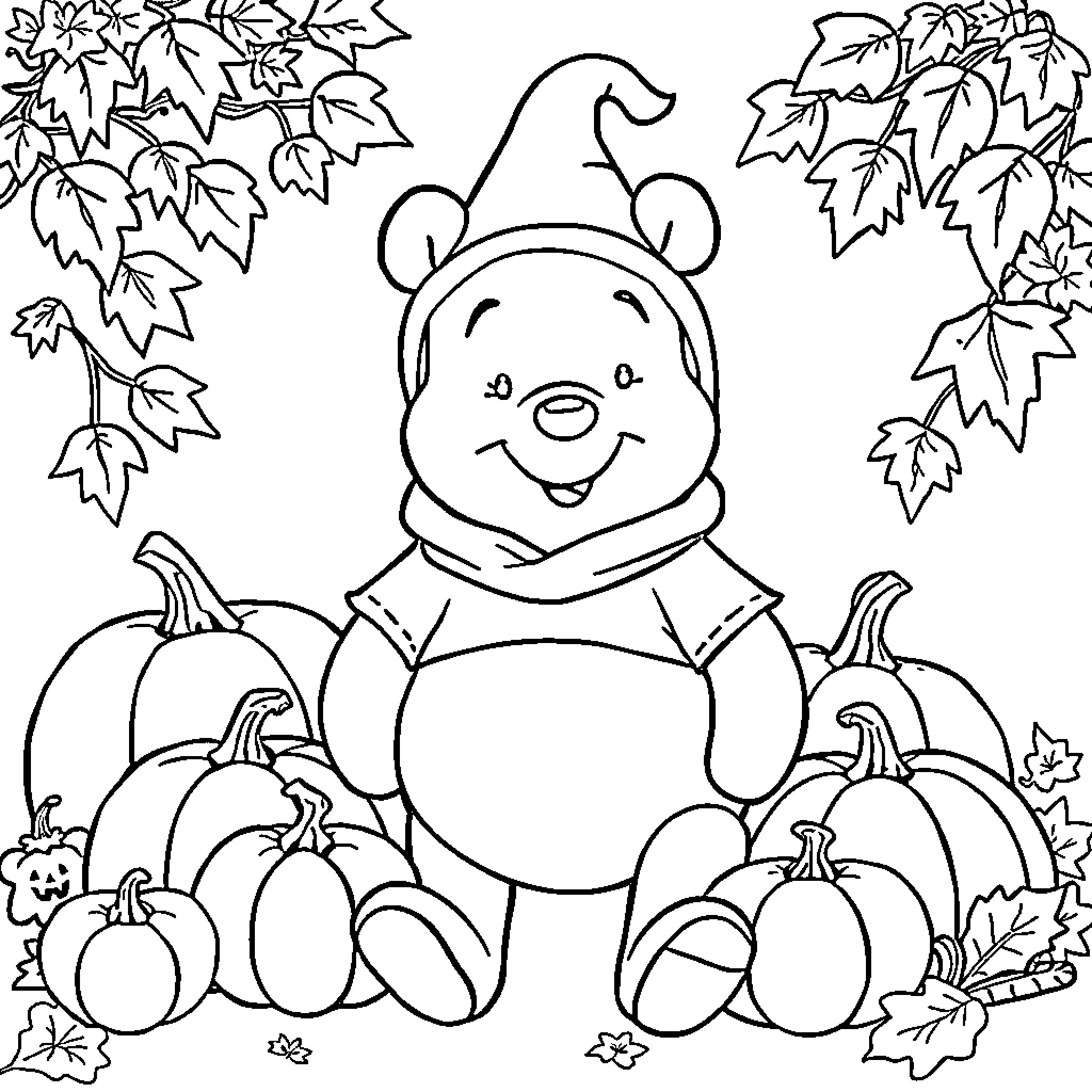 Pooh surrounded by autumn leaves and pumpkins Coloring Page (free black-and-white line drawing printable PDF for all, from beginners to advanced learners, including children, teens, adults, and seniors)