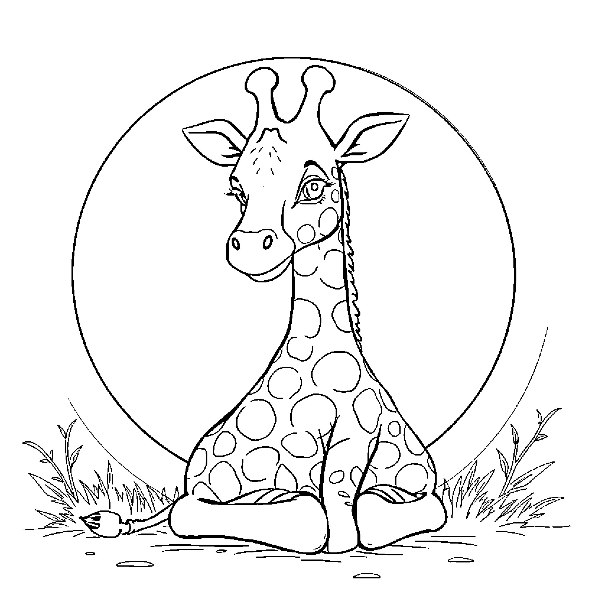 Affen Giraffe in naturem Umgebung Coloring Page (free black-and-white line drawing printable PDF for all, from beginners to advanced learners, including children, teens, adults, and seniors)