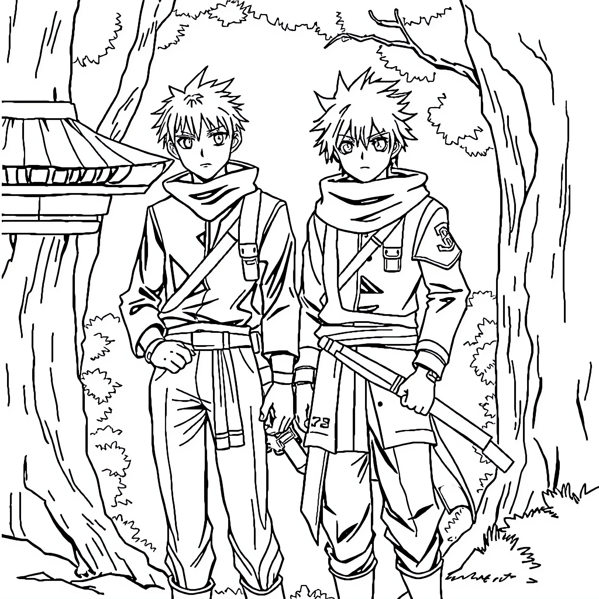 Kirito and a friend in the forest Coloring Page (free black-and-white line drawing printable PDF for all, from beginners to advanced learners, including children, teens, adults, and seniors)