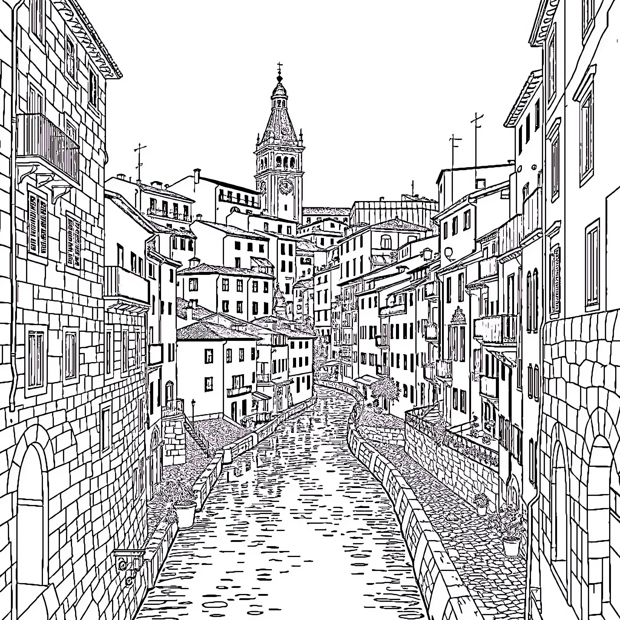 Girona's historic architecture and canals Coloring Page (free black-and-white line drawing printable PDF for all, from beginners to advanced learners, including children, teens, adults, and seniors)