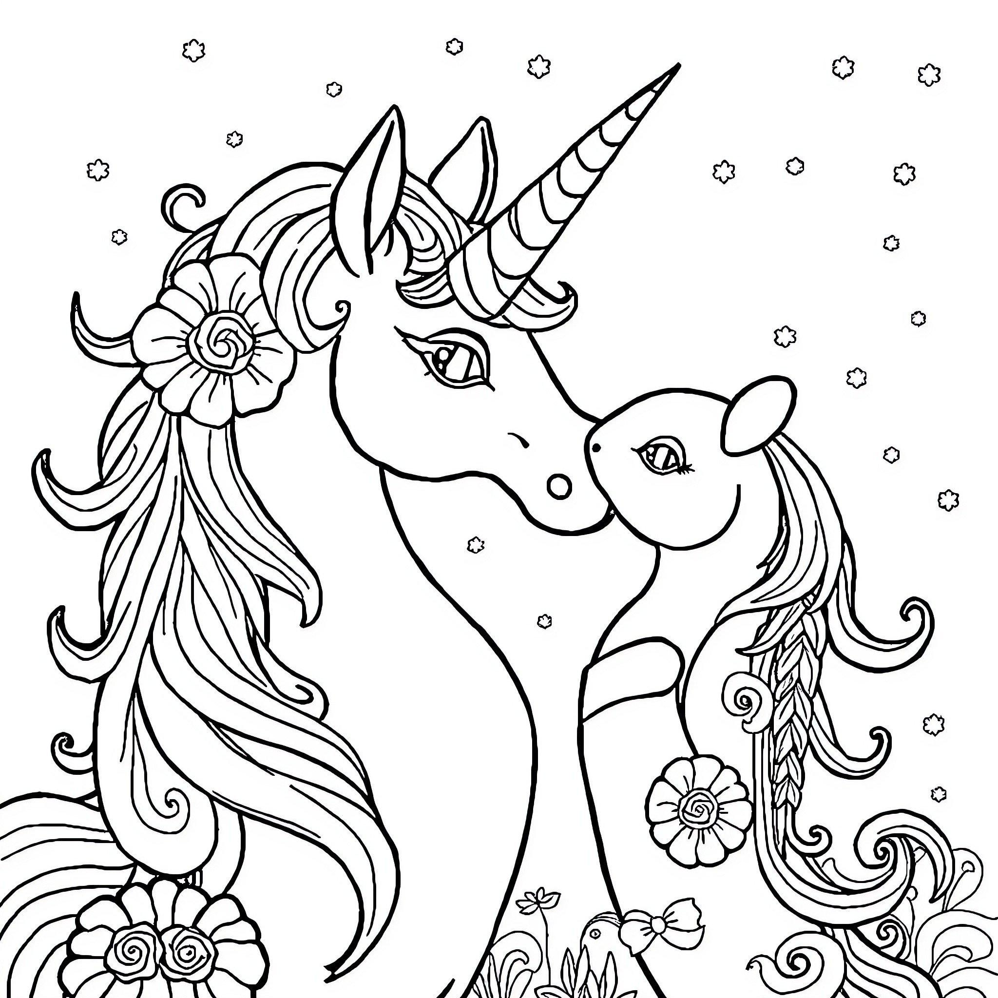 Unicorn Enchanted by Floral Adornments Coloring Page (free black-and-white line drawing printable PDF for all, from beginners to advanced learners, including children, teens, adults, and seniors)