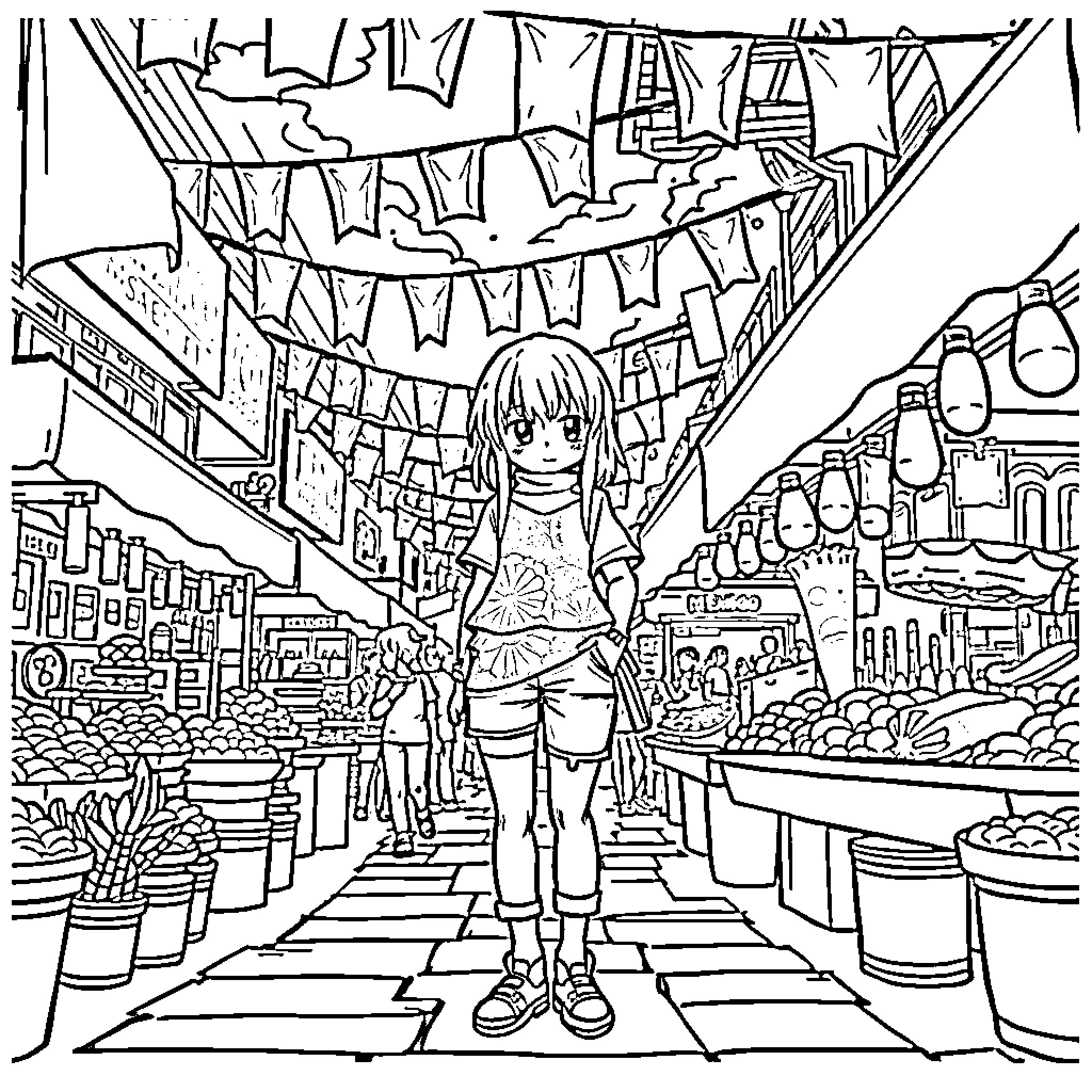 Anime Character in a Lively Festival Scene Coloring Page (free black-and-white line drawing printable PDF for all, from beginners to advanced learners, including children, teens, adults, and seniors)