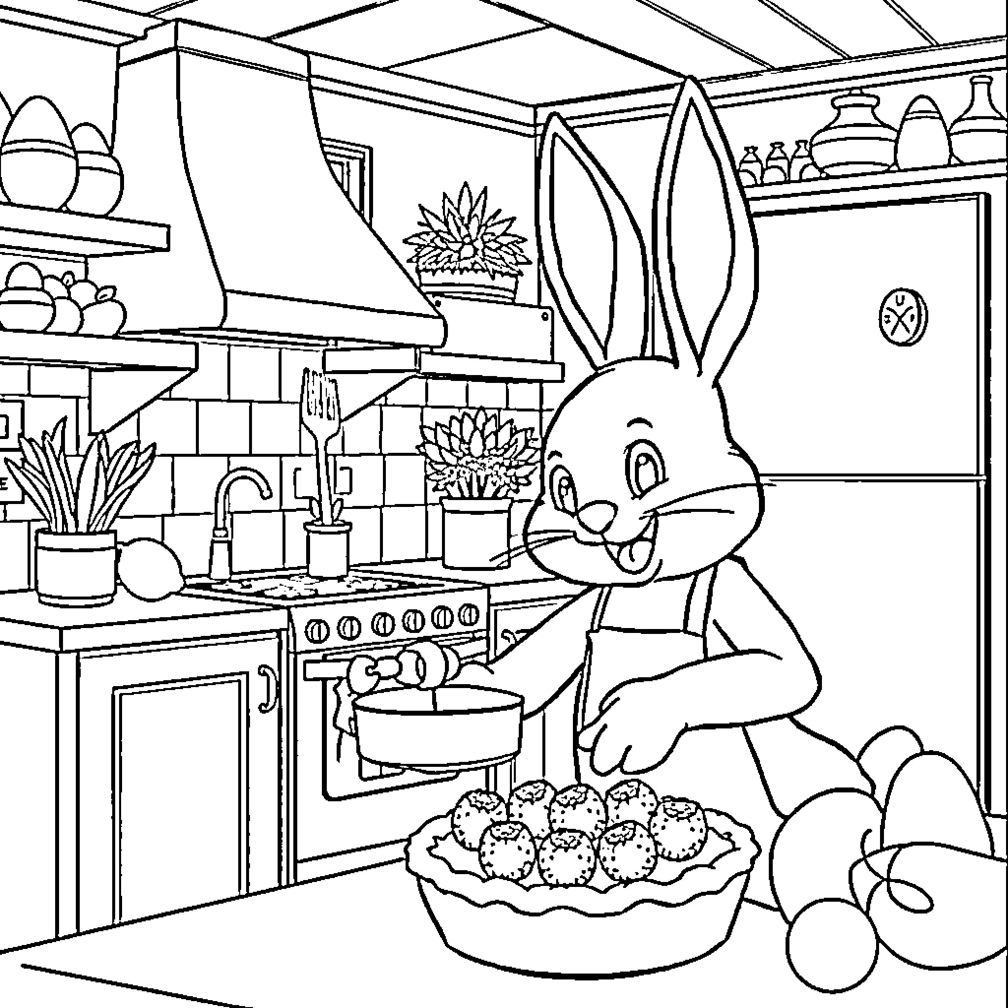 Bunny Baking Treats in the Kitchen Coloring Page (free black-and-white line drawing printable PDF for all, from beginners to advanced learners, including children, teens, adults, and seniors)