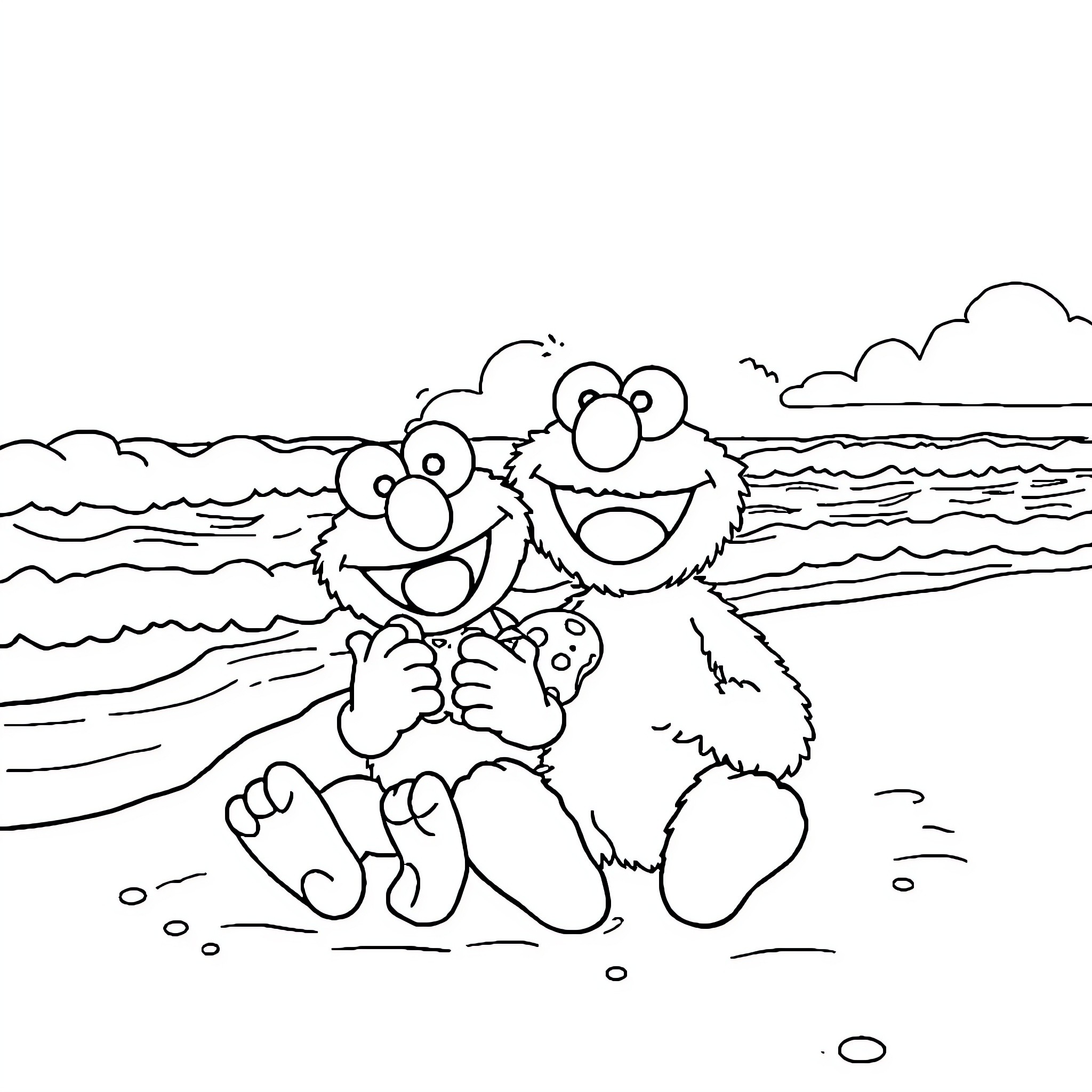 Elmo and friends enjoying a day at the beach Coloring Page (free black-and-white line drawing printable PDF for all, from beginners to advanced learners, including children, teens, adults, and seniors)