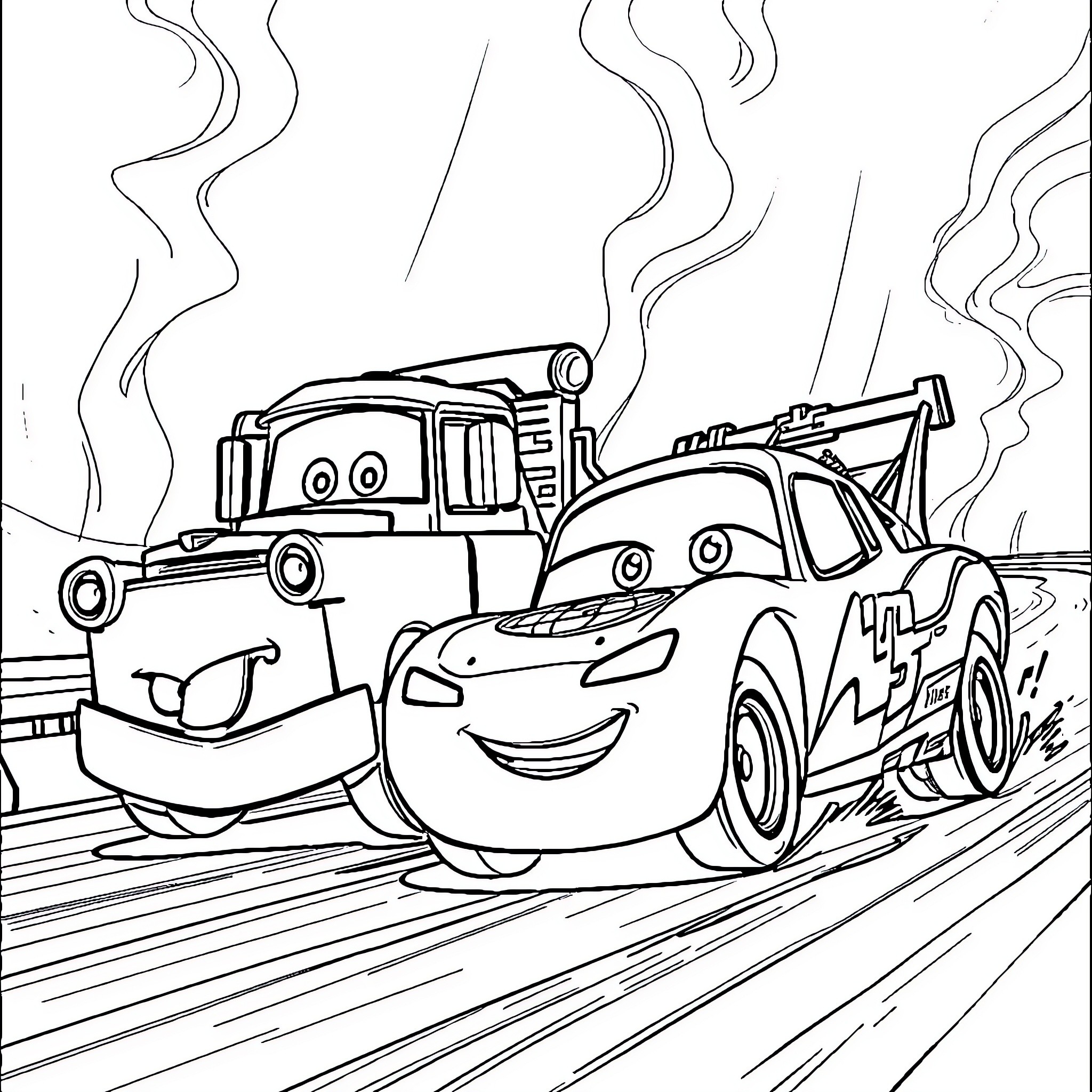 Flash McQueen helping his friend in a race Coloring Page (free black-and-white line drawing printable PDF for all, from beginners to advanced learners, including children, teens, adults, and seniors)