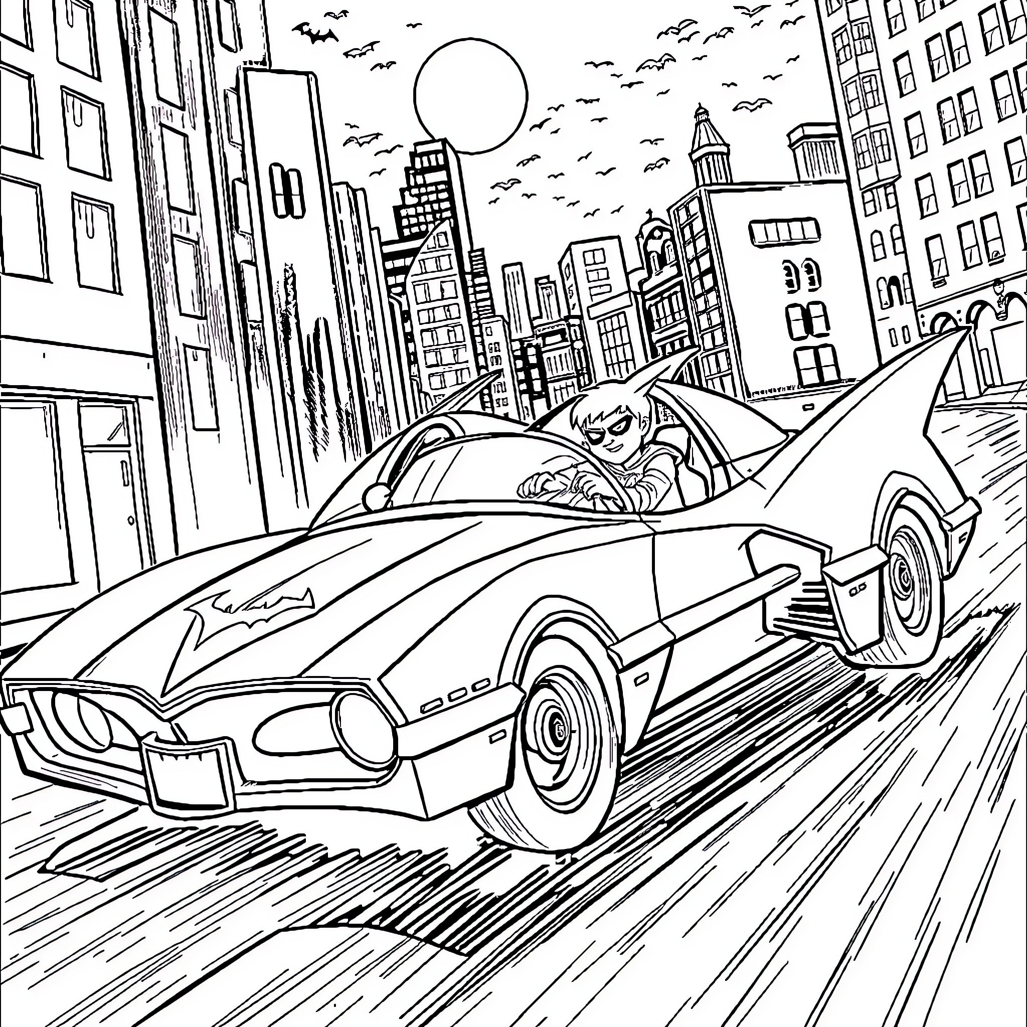 Batmobile speeding through the city streets at night Coloring Page (free black-and-white line drawing printable PDF for all, from beginners to advanced learners, including children, teens, adults, and seniors)