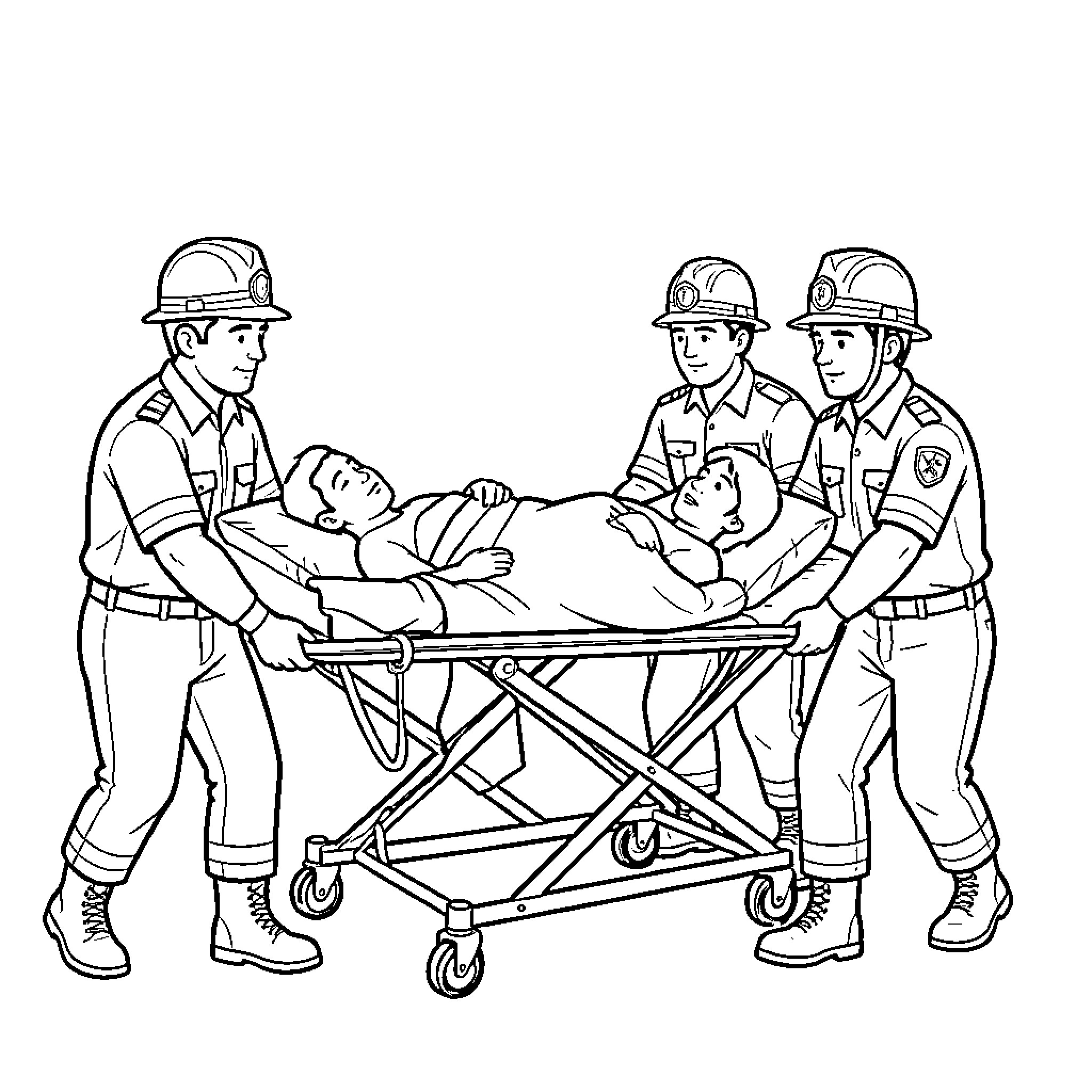 Secouriste team transporting a patient on a stretcher Coloring Page (free black-and-white line drawing printable PDF for all, from beginners to advanced learners, including children, teens, adults, and seniors)