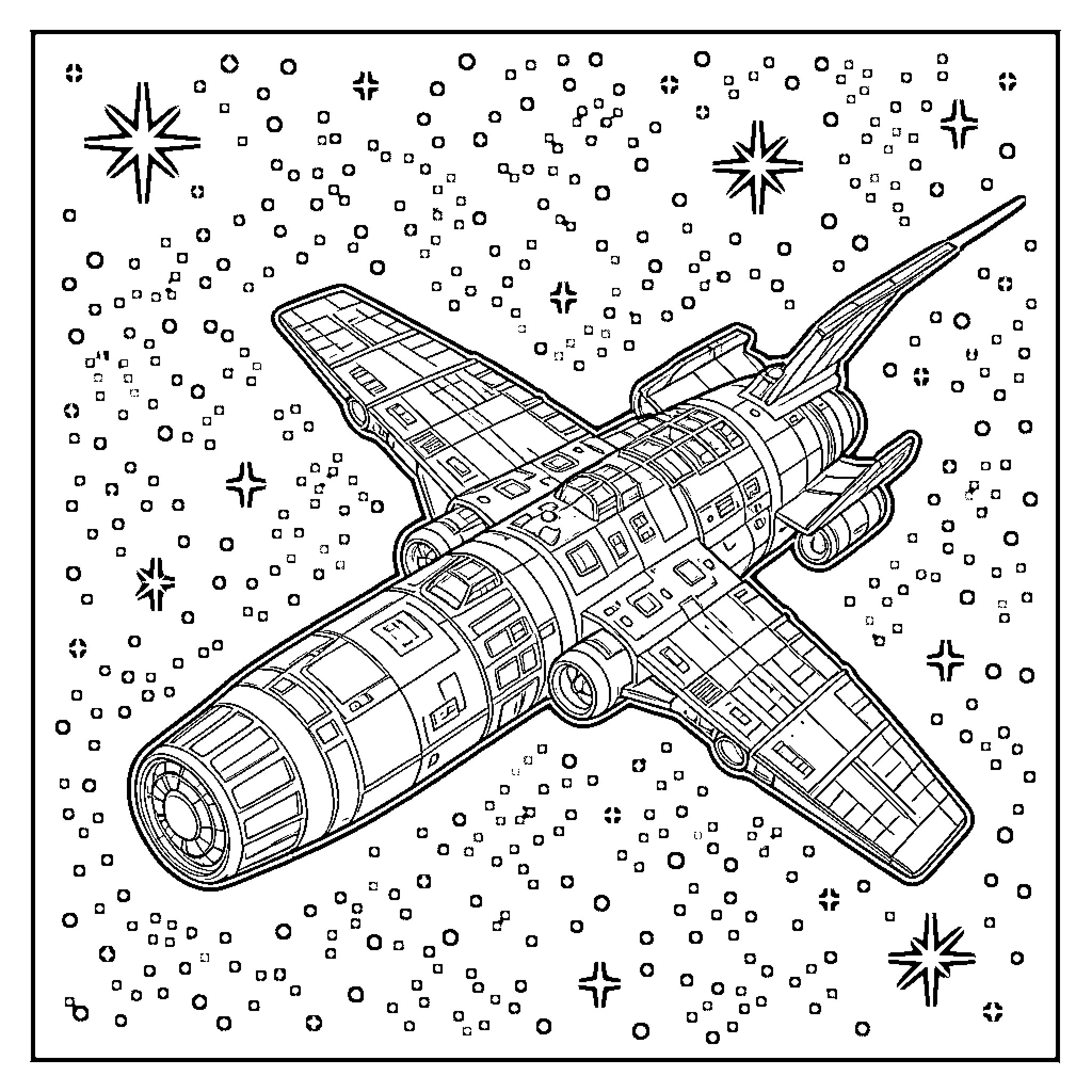 Spaceship soaring through cosmic starscape Coloring Page (free black-and-white line drawing printable PDF for all, from beginners to advanced learners, including children, teens, adults, and seniors)