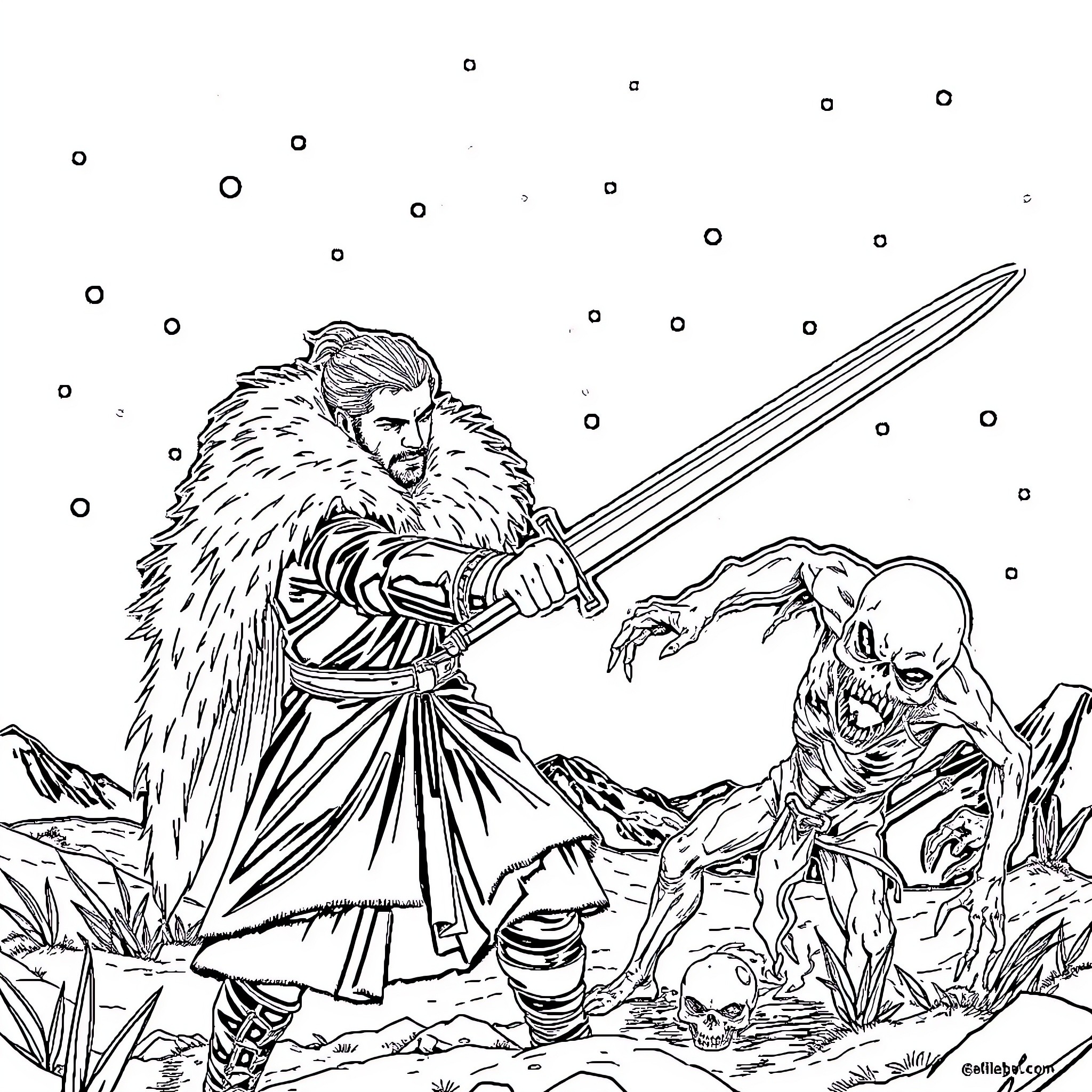 Jon Snow battling a fierce opponent in a wintry landscape Coloring Page (free black-and-white line drawing printable PDF for all, from beginners to advanced learners, including children, teens, adults, and seniors)