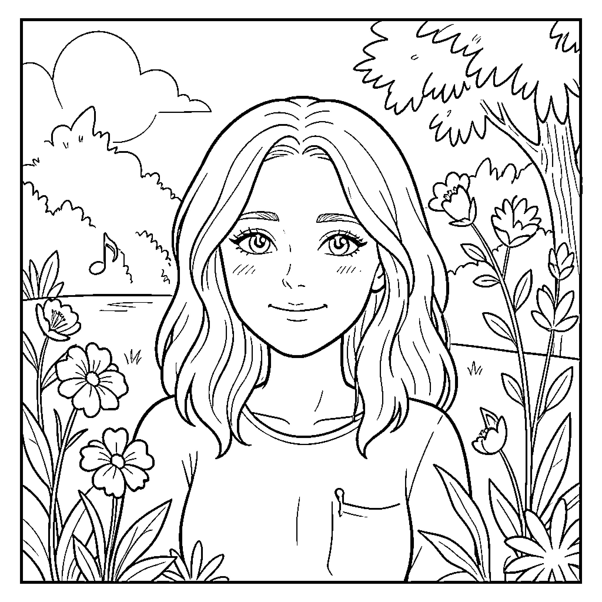 Music notes floating around a smiling young girl Coloring Page (free black-and-white line drawing printable PDF for all, from beginners to advanced learners, including children, teens, adults, and seniors)