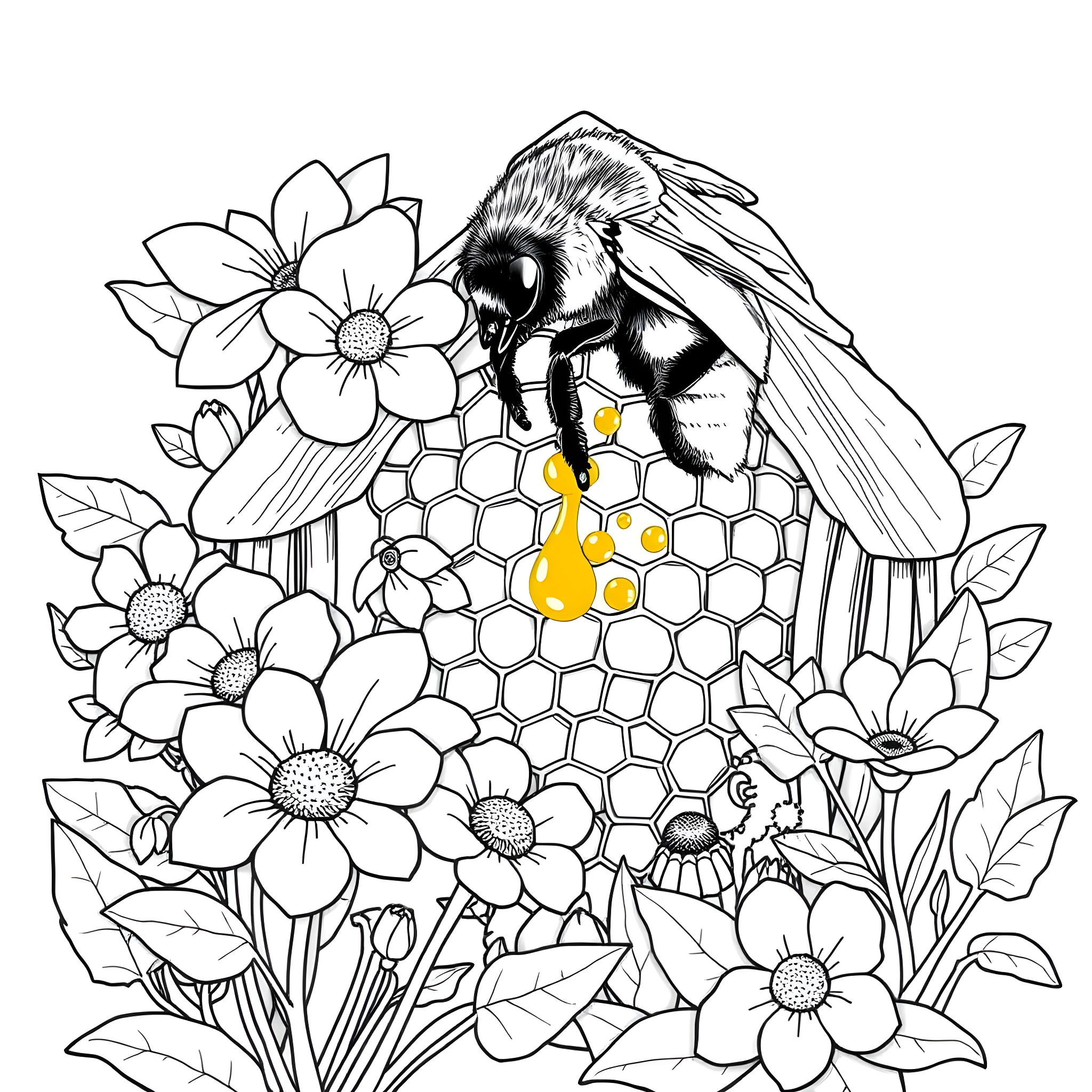Bee pollinating flowers in a garden Coloring Page (free black-and-white line drawing printable PDF for all, from beginners to advanced learners, including children, teens, adults, and seniors)