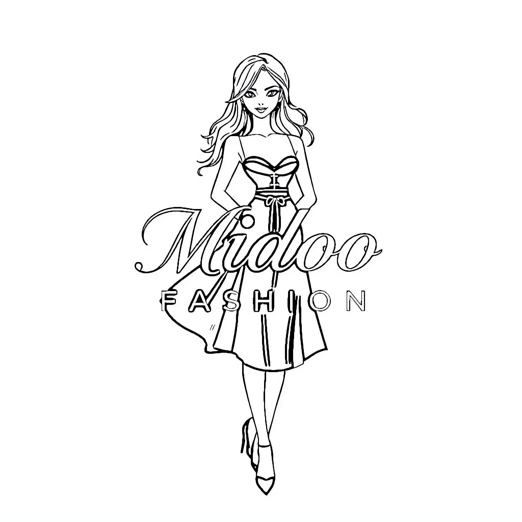 Midoo Fashion Model Posing in Stylish Outfit Coloring Page (free black-and-white line drawing printable PDF for all, from beginners to advanced learners, including children, teens, adults, and seniors)