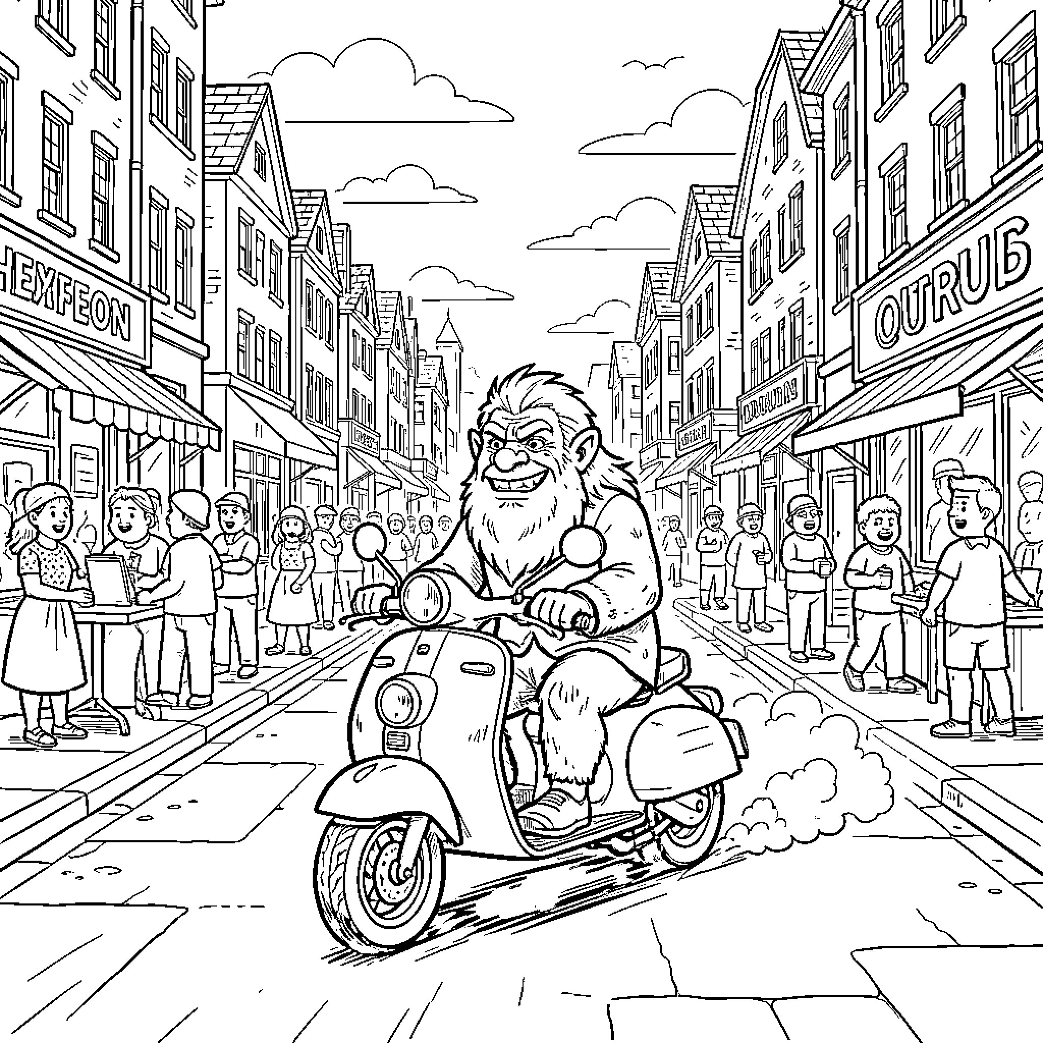 Troll riding a scooter through a busy town street Coloring Page (free black-and-white line drawing printable PDF for all, from beginners to advanced learners, including children, teens, adults, and seniors)