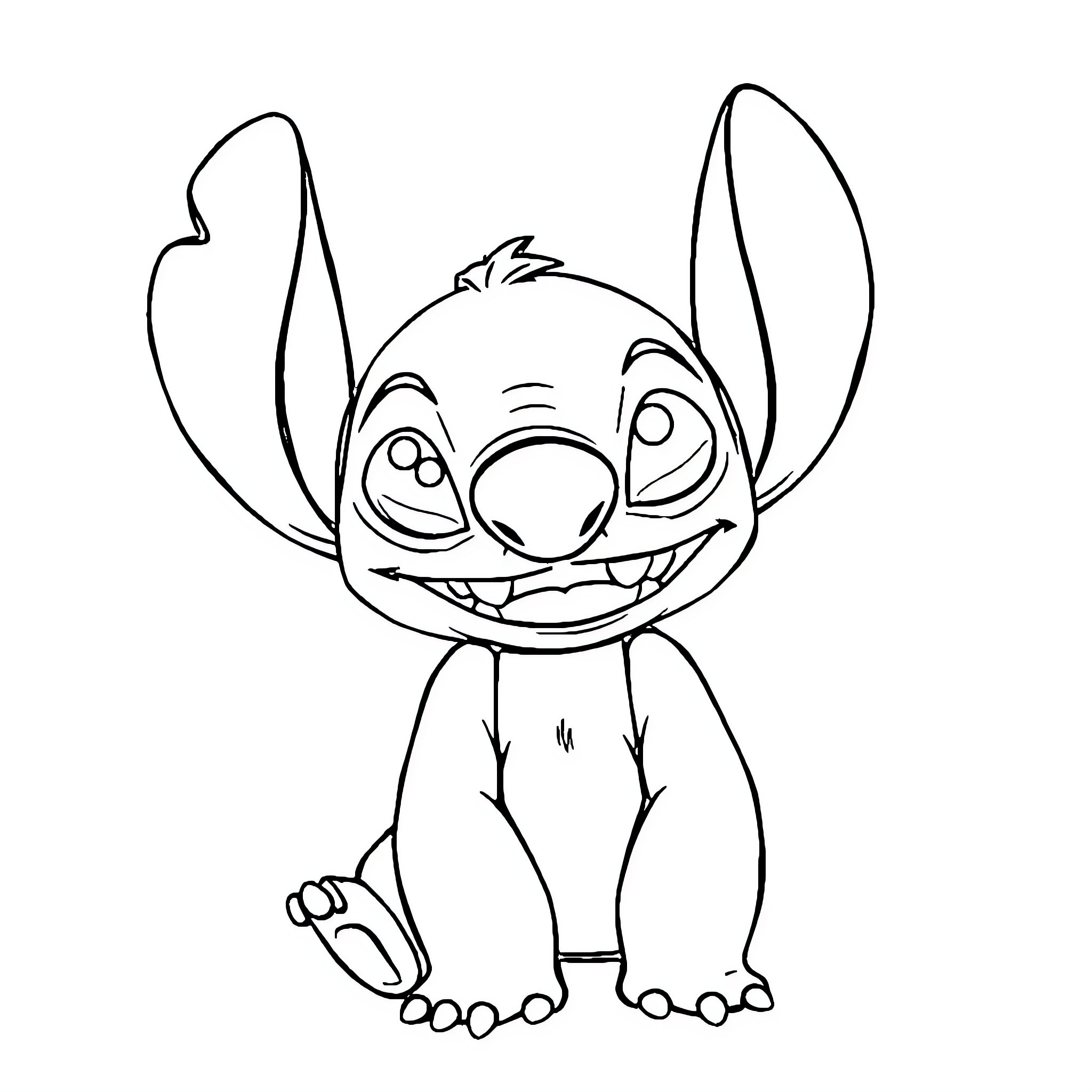 Stitch smiling and playful Coloring Page (free black-and-white line drawing printable PDF for all, from beginners to advanced learners, including children, teens, adults, and seniors)