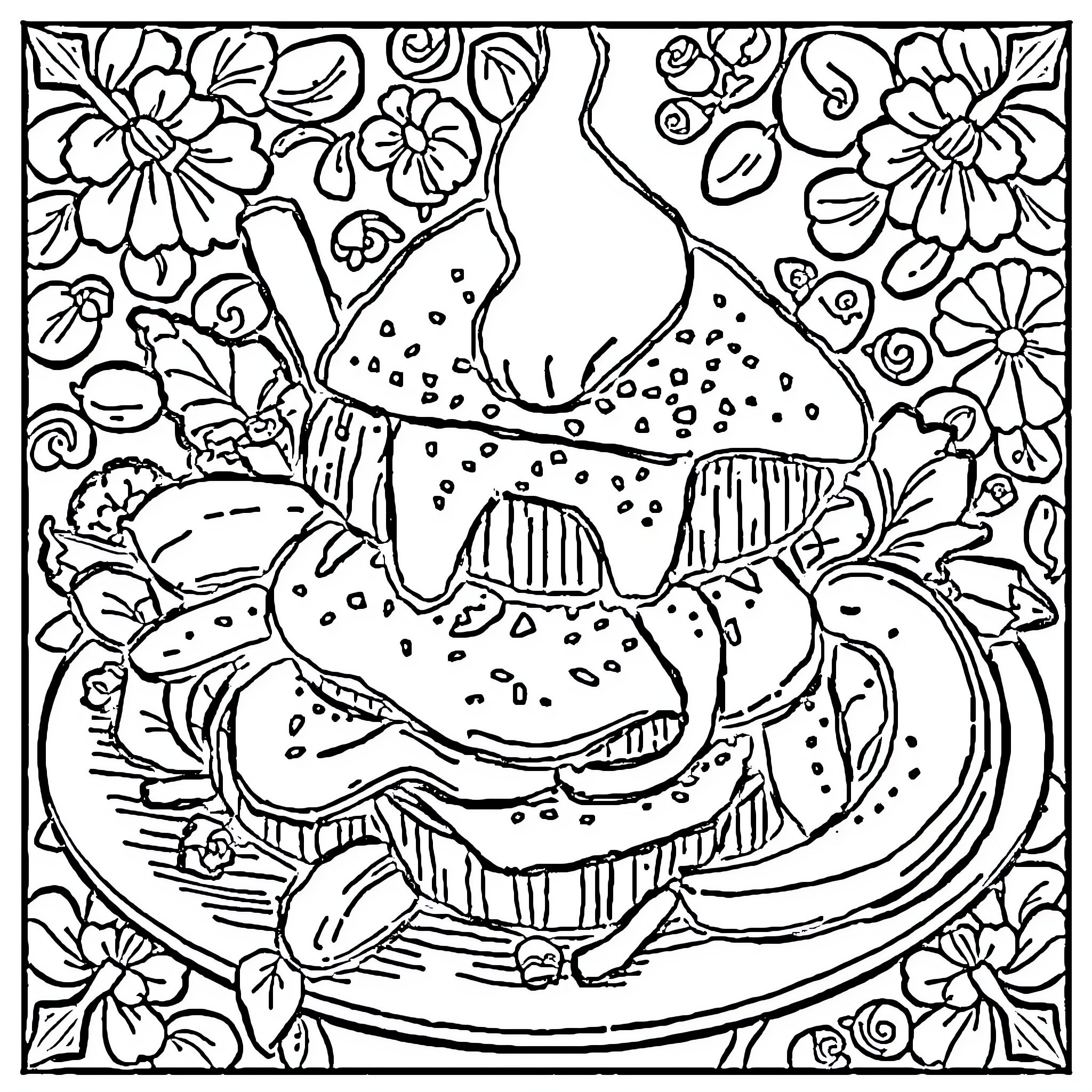 Food-themed artistic illustration with flowers Coloring Page (free black-and-white line drawing printable PDF for all, from beginners to advanced learners, including children, teens, adults, and seniors)