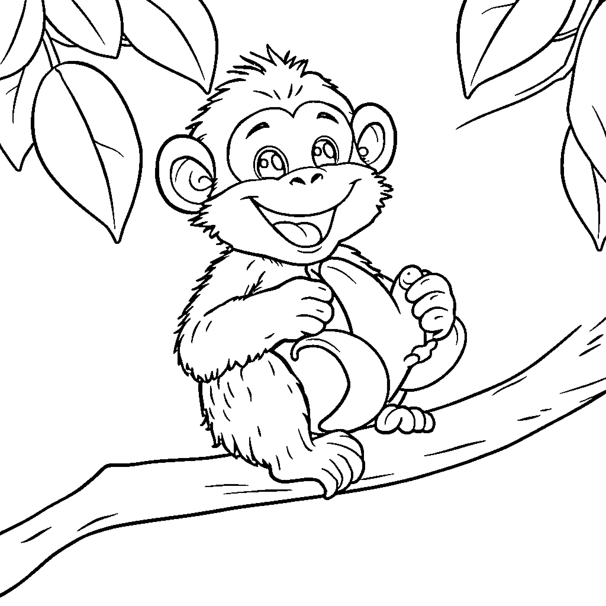 Monkey happily playing in the jungle Coloring Page (free black-and-white line drawing printable PDF for all, from beginners to advanced learners, including children, teens, adults, and seniors)