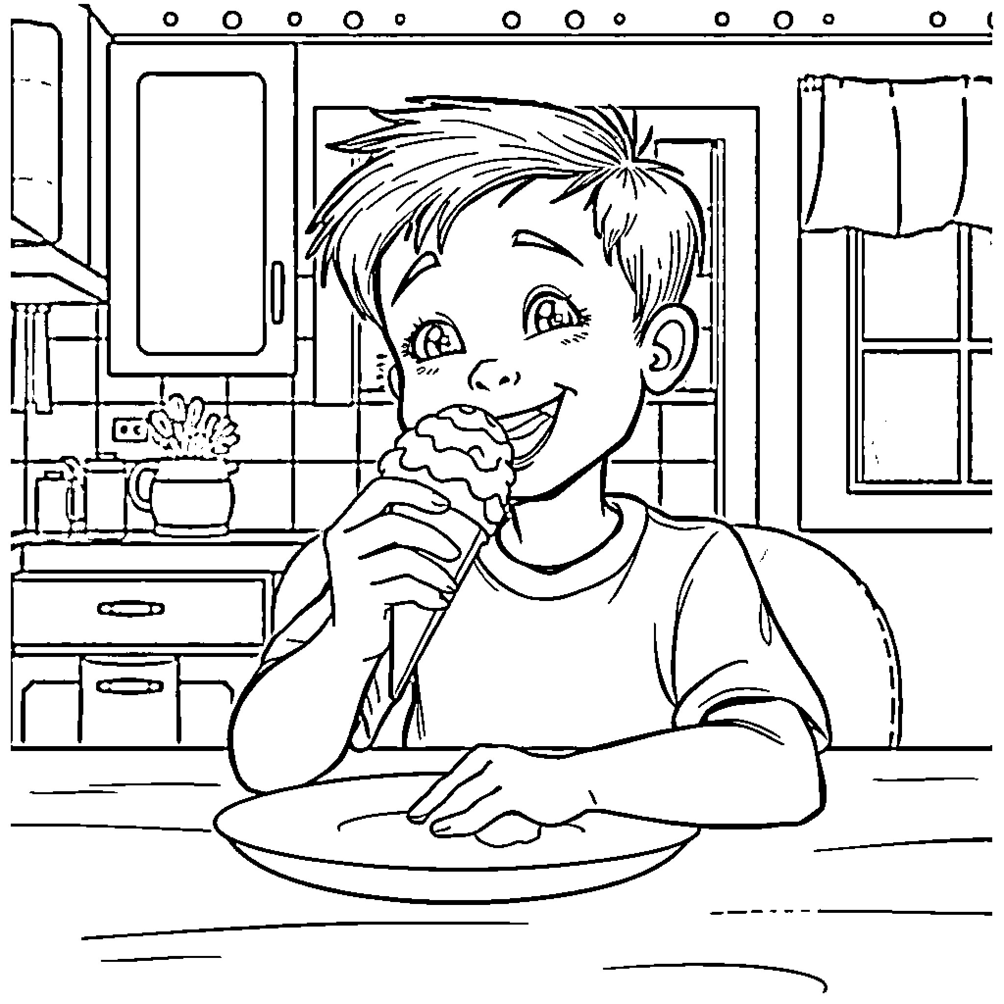Boy enjoying ice cream in kitchen Coloring Page (free black-and-white line drawing printable PDF for all, from beginners to advanced learners, including children, teens, adults, and seniors)