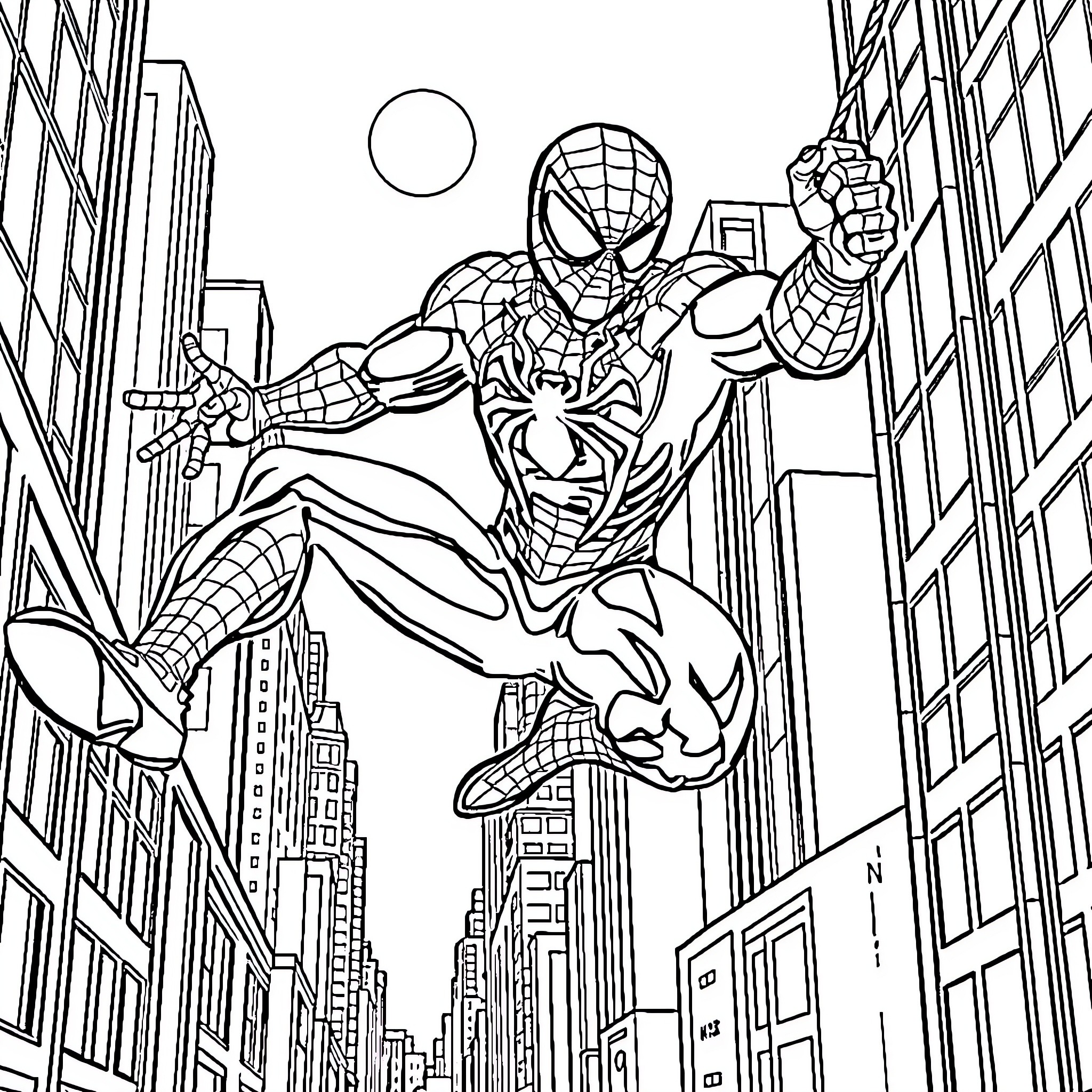 Spider-Man swinging heroically through the city streets Coloring Page (free black-and-white line drawing printable PDF for all, from beginners to advanced learners, including children, teens, adults, and seniors)