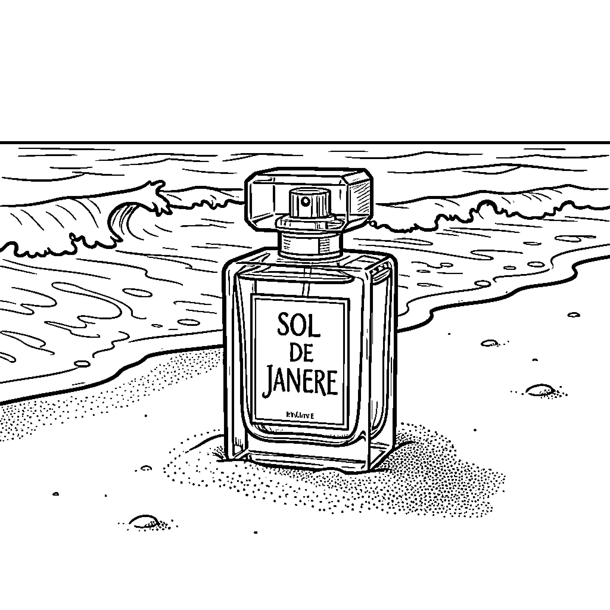 Perfume bottle sitting on a sandy beach by waves Coloring Page (free black-and-white line drawing printable PDF for all, from beginners to advanced learners, including children, teens, adults, and seniors)