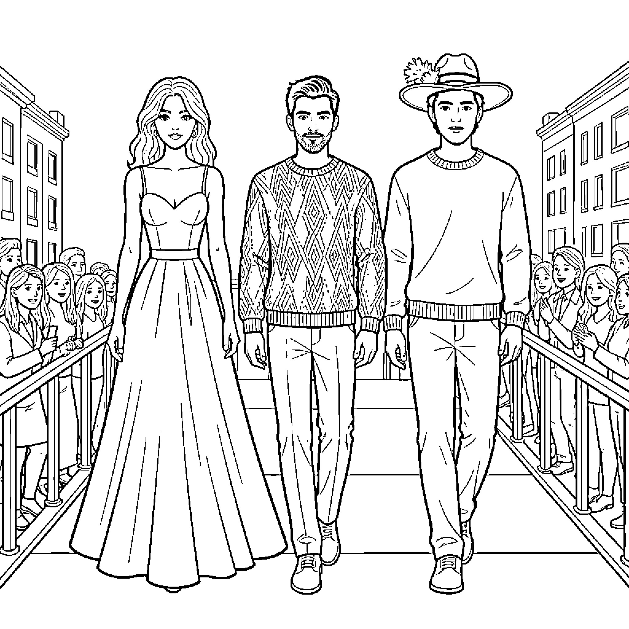 Persona of Fashionable Individuals in Public Scene Coloring Page (free black-and-white line drawing printable PDF for all, from beginners to advanced learners, including children, teens, adults, and seniors)