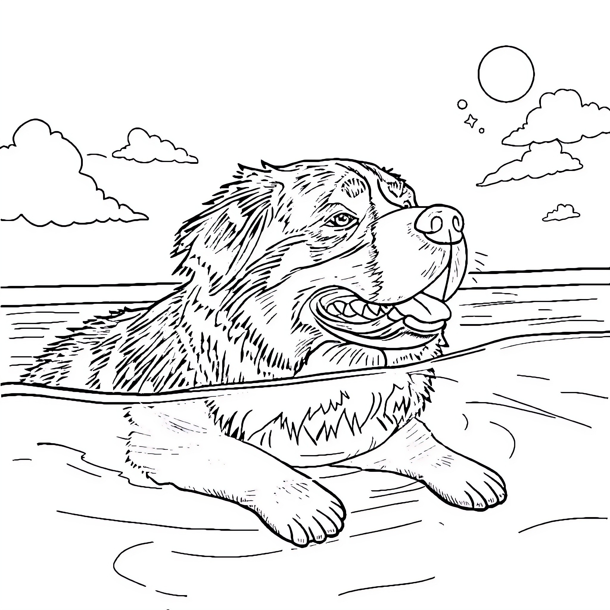 Bernese Mountain Dog swimming happily in the lake Coloring Page (free black-and-white line drawing printable PDF for all, from beginners to advanced learners, including children, teens, adults, and seniors)