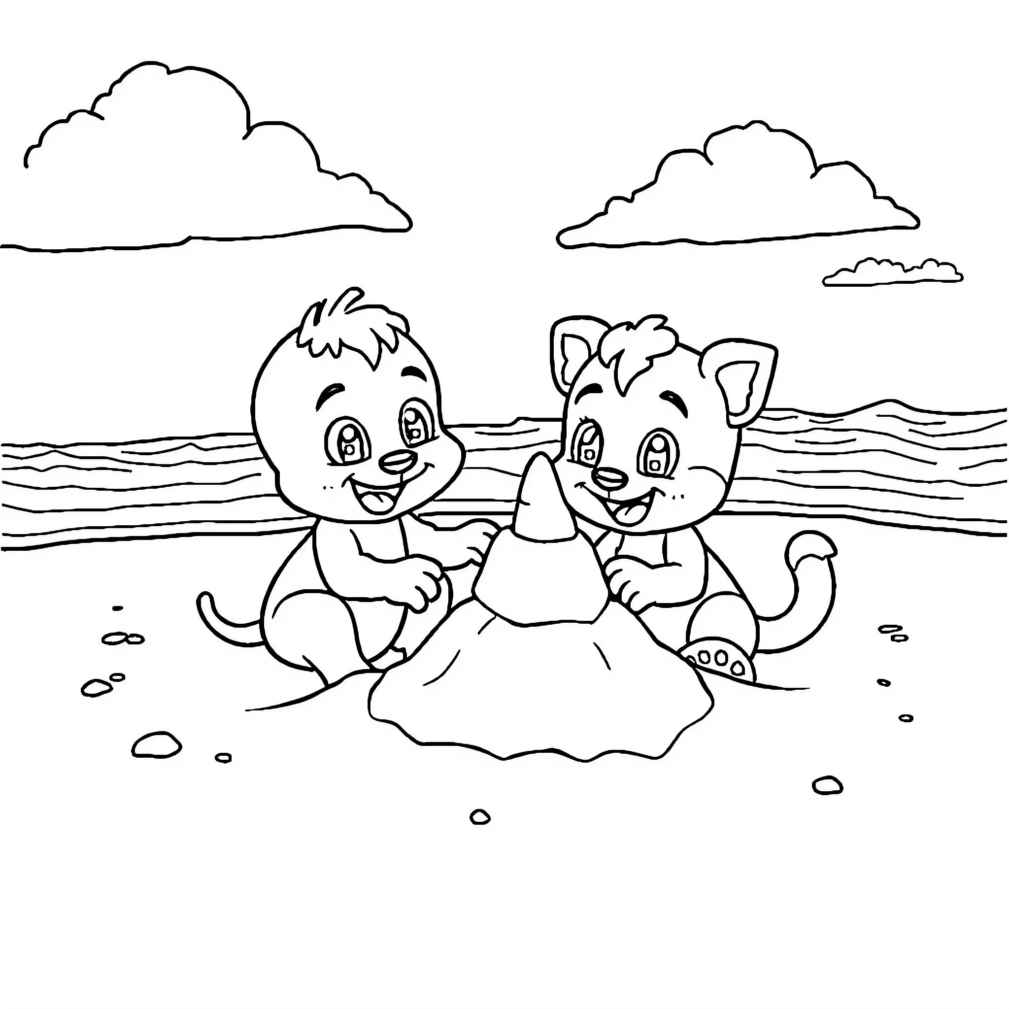 Bingo Friends Building a Sandcastle by the Beach Coloring Page (free black-and-white line drawing printable PDF for all, from beginners to advanced learners, including children, teens, adults, and seniors)