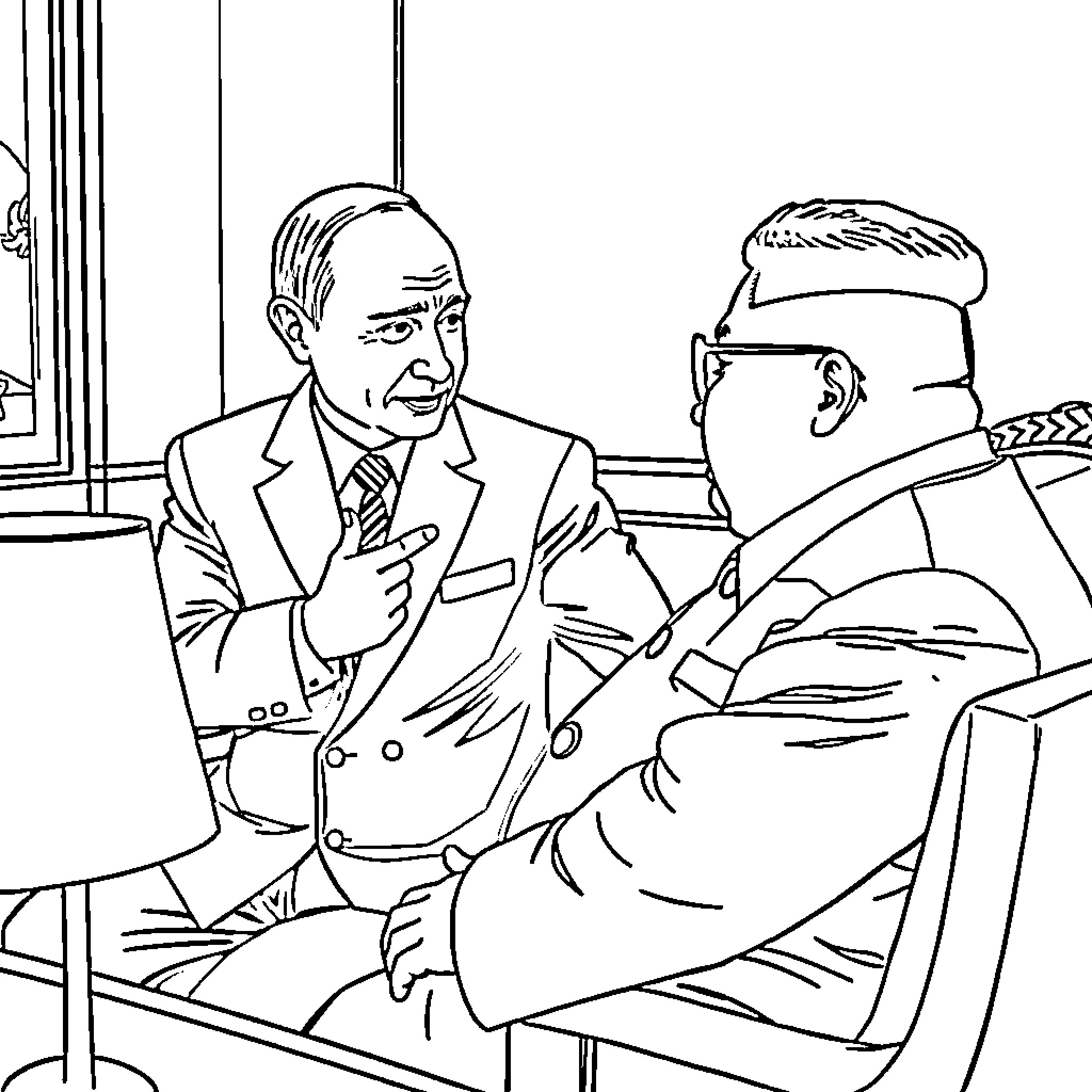 Putin in Formal Discussion with Companion Coloring Page (free black-and-white line drawing printable PDF for all, from beginners to advanced learners, including children, teens, adults, and seniors)