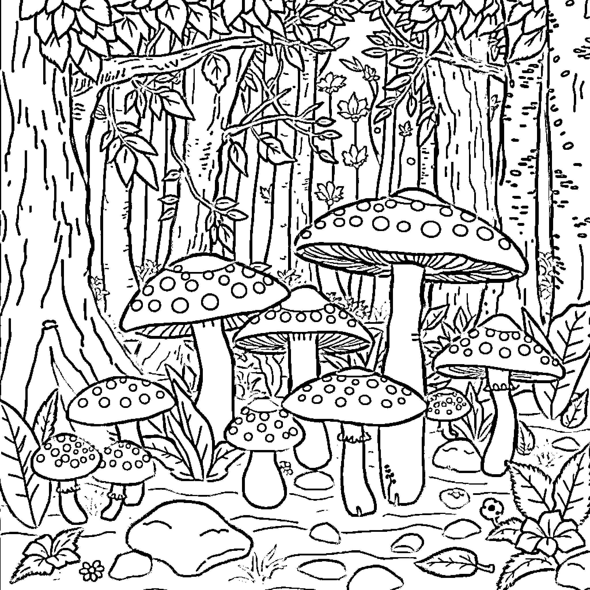Mushroom Forest Fantasia Coloring Page (free black-and-white line drawing printable PDF for all, from beginners to advanced learners, including children, teens, adults, and seniors)