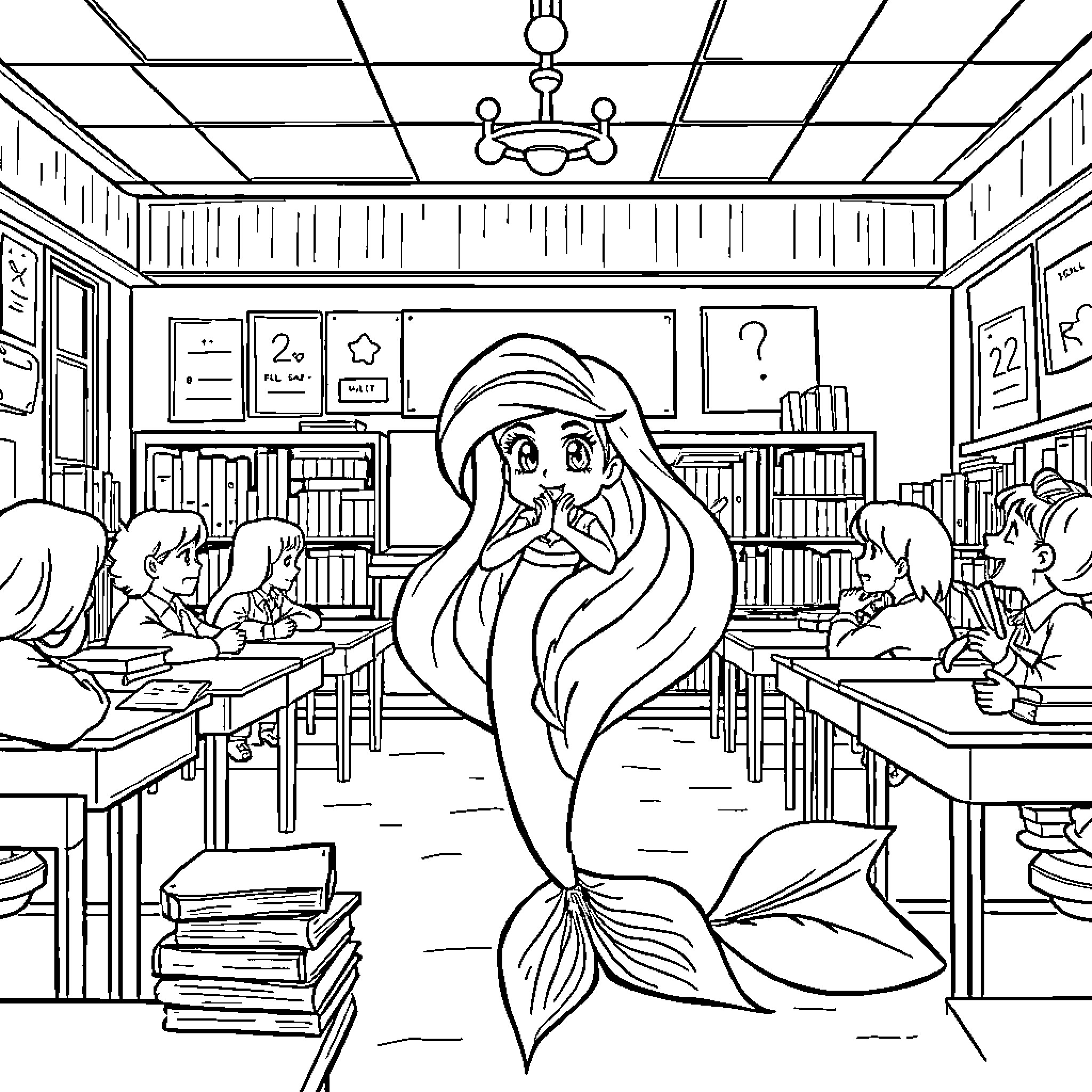 Princess Ariel in a school library setting Coloring Page (free black-and-white line drawing printable PDF for all, from beginners to advanced learners, including children, teens, adults, and seniors)