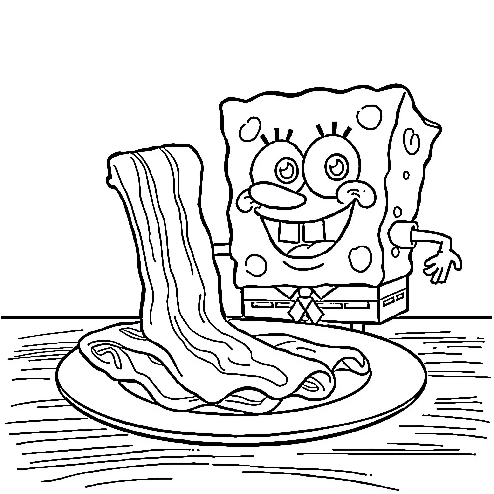Bacon-flavored SpongeBob enjoying a tasty treat Coloring Page (free black-and-white line drawing printable PDF for all, from beginners to advanced learners, including children, teens, adults, and seniors)