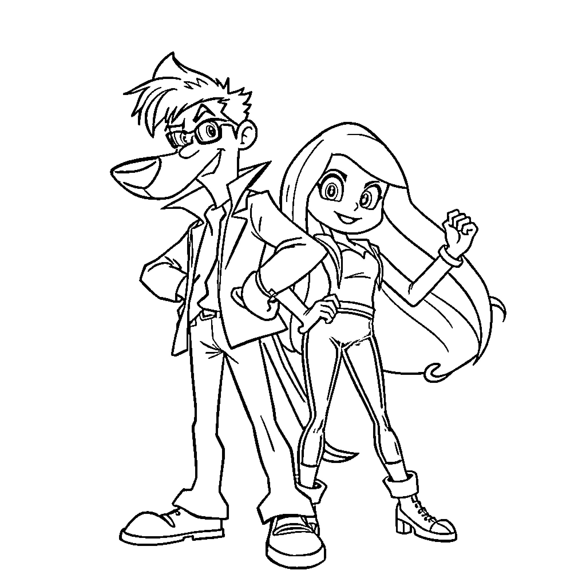 Ace Ventura and Sidekick on Amusing Adventure Coloring Page (free black-and-white line drawing printable PDF for all, from beginners to advanced learners, including children, teens, adults, and seniors)