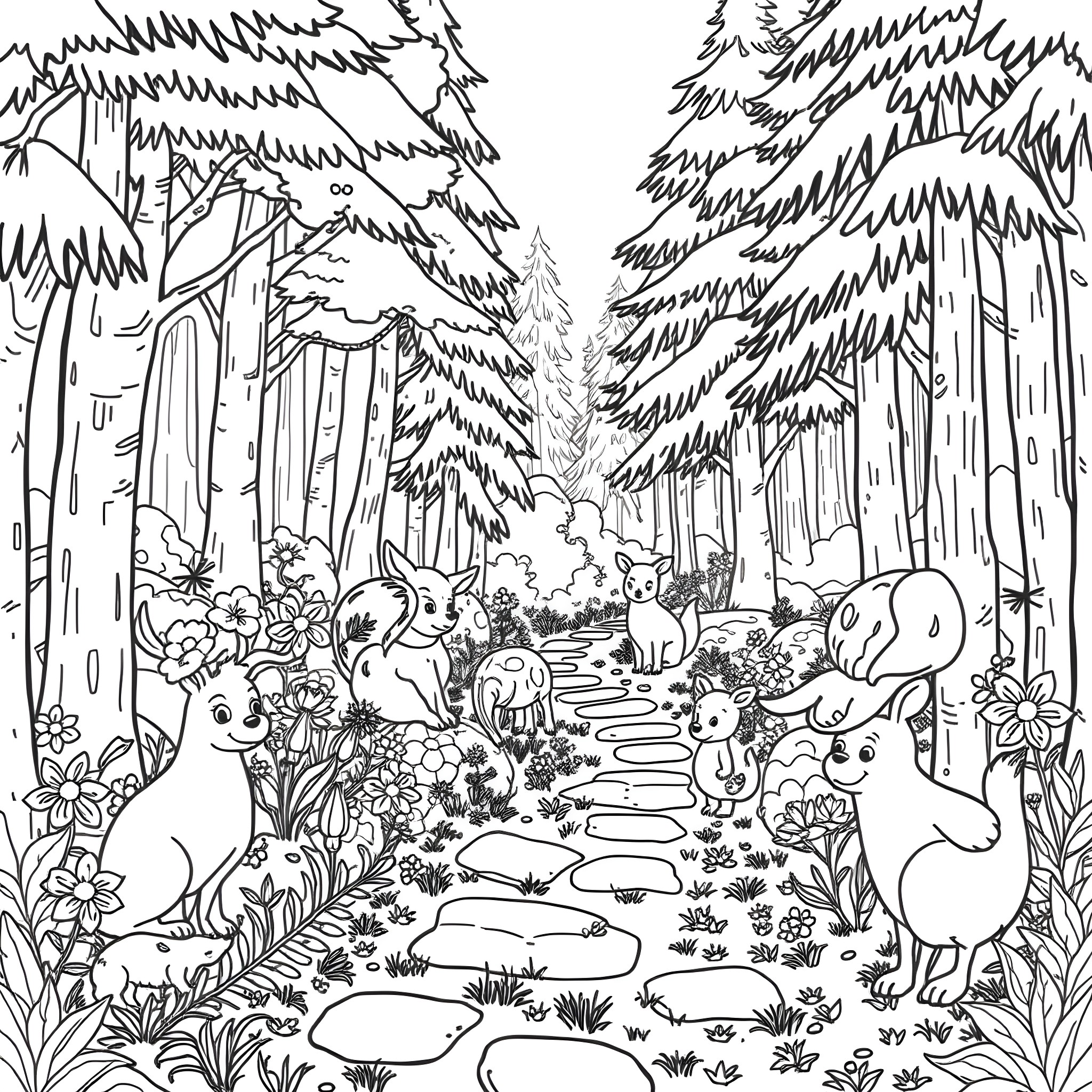 Animal friends in a whimsical forest Coloring Page (free black-and-white line drawing printable PDF for all, from beginners to advanced learners, including children, teens, adults, and seniors)