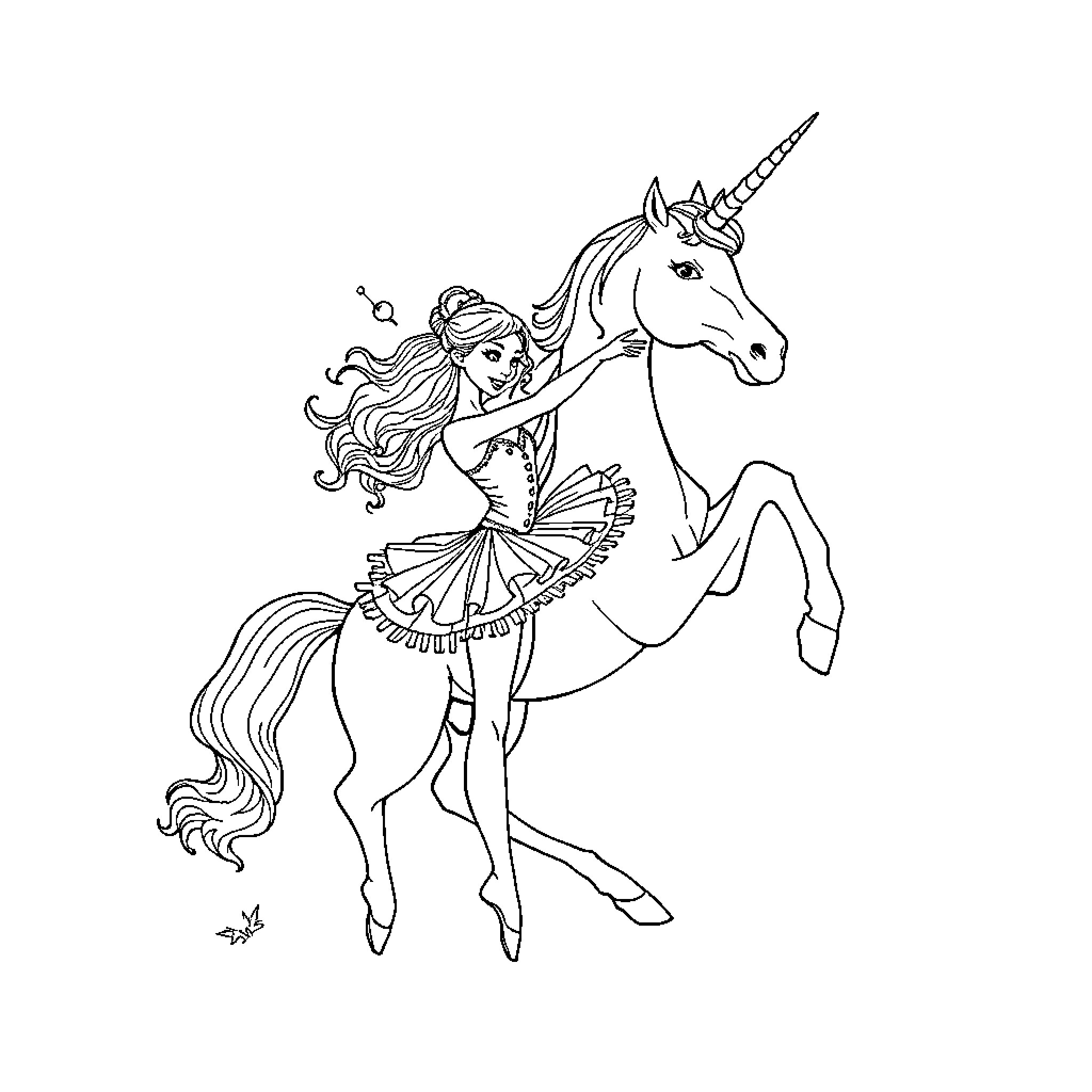 Ballerina riding a unicorn in a flowing dress Coloring Page (free black-and-white line drawing printable PDF for all, from beginners to advanced learners, including children, teens, adults, and seniors)