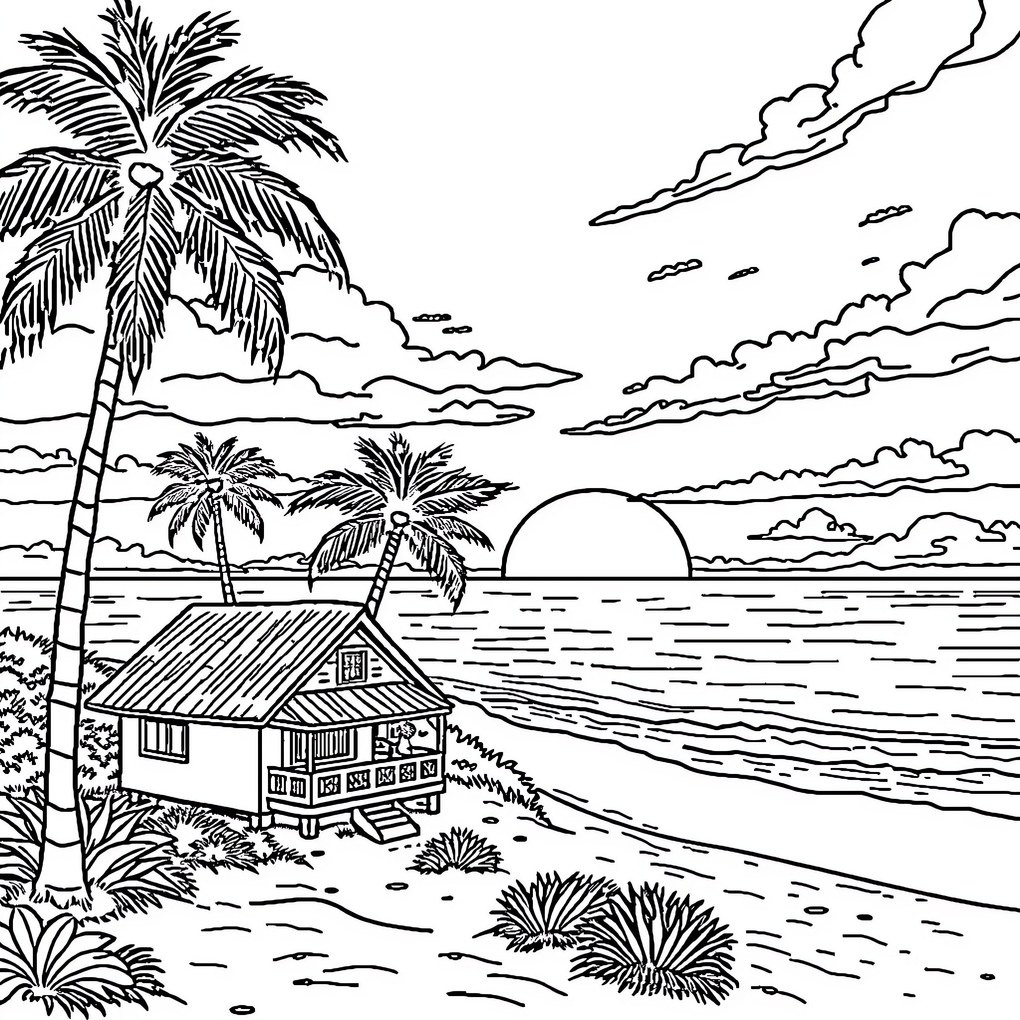 Sunset by the Tropical Beach Hut Coloring Page (free black-and-white line drawing printable PDF for all, from beginners to advanced learners, including children, teens, adults, and seniors)