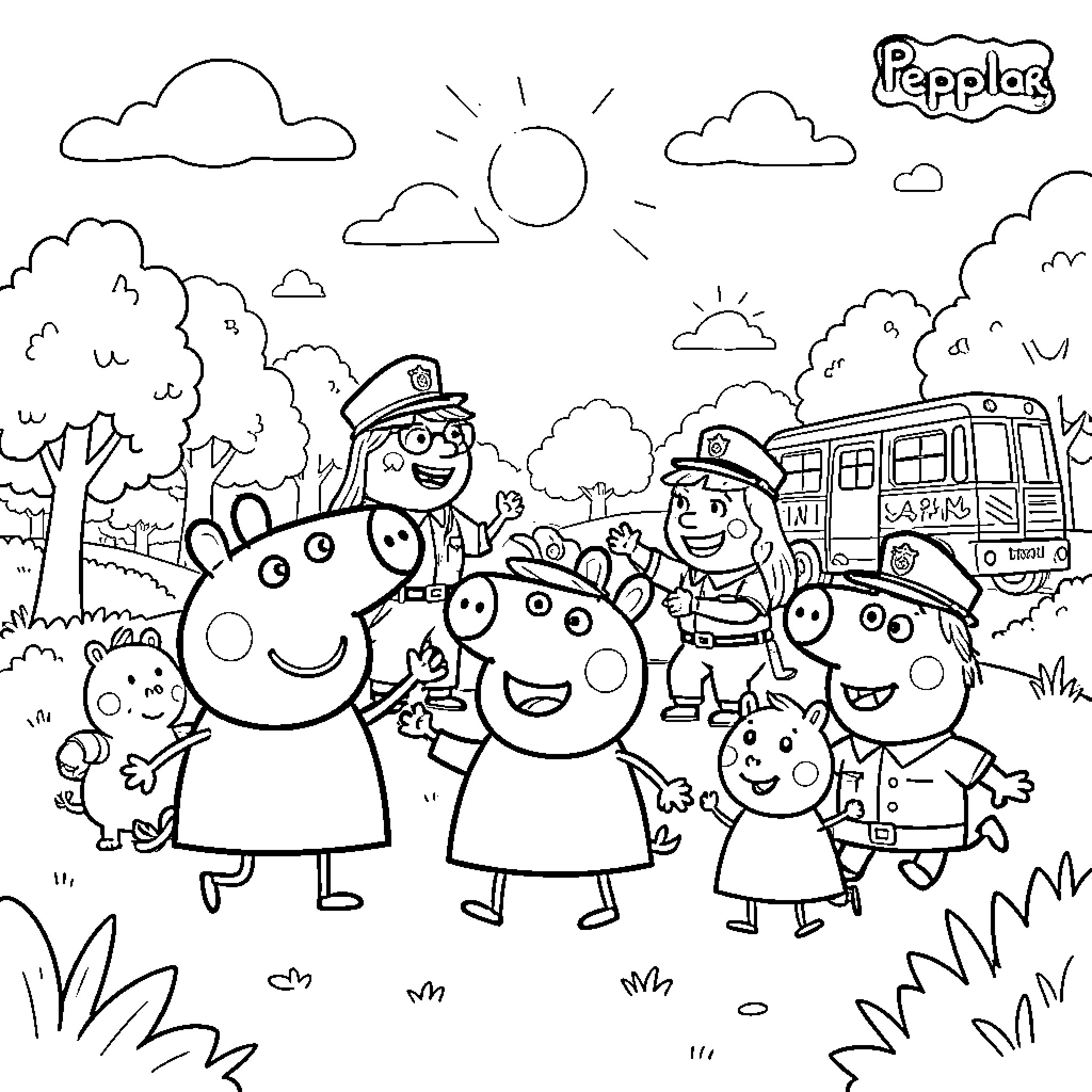 Peppa and friends playing together outdoors near a bus Coloring Page (free black-and-white line drawing printable PDF for all, from beginners to advanced learners, including children, teens, adults, and seniors)