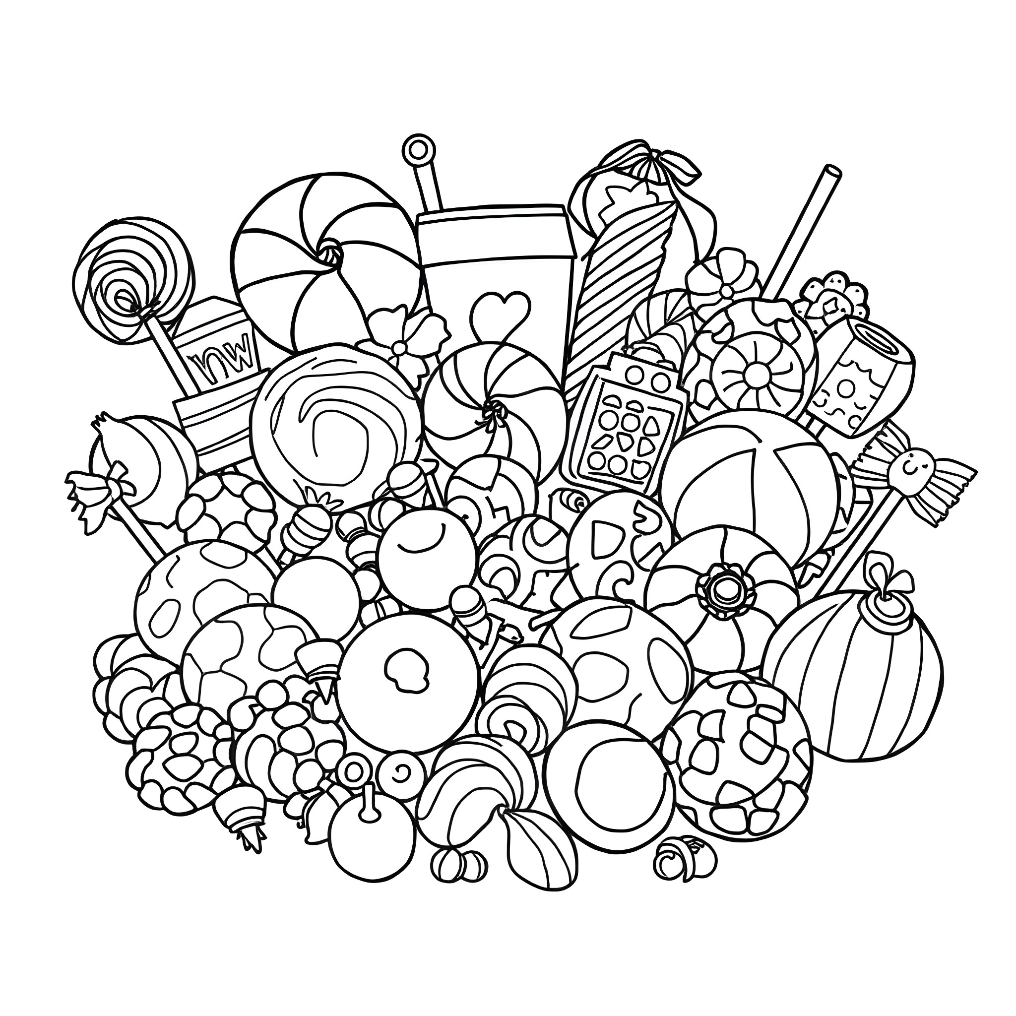 Candy Assortment of Delightful Treats Coloring Page (free black-and-white line drawing printable PDF for all, from beginners to advanced learners, including children, teens, adults, and seniors)