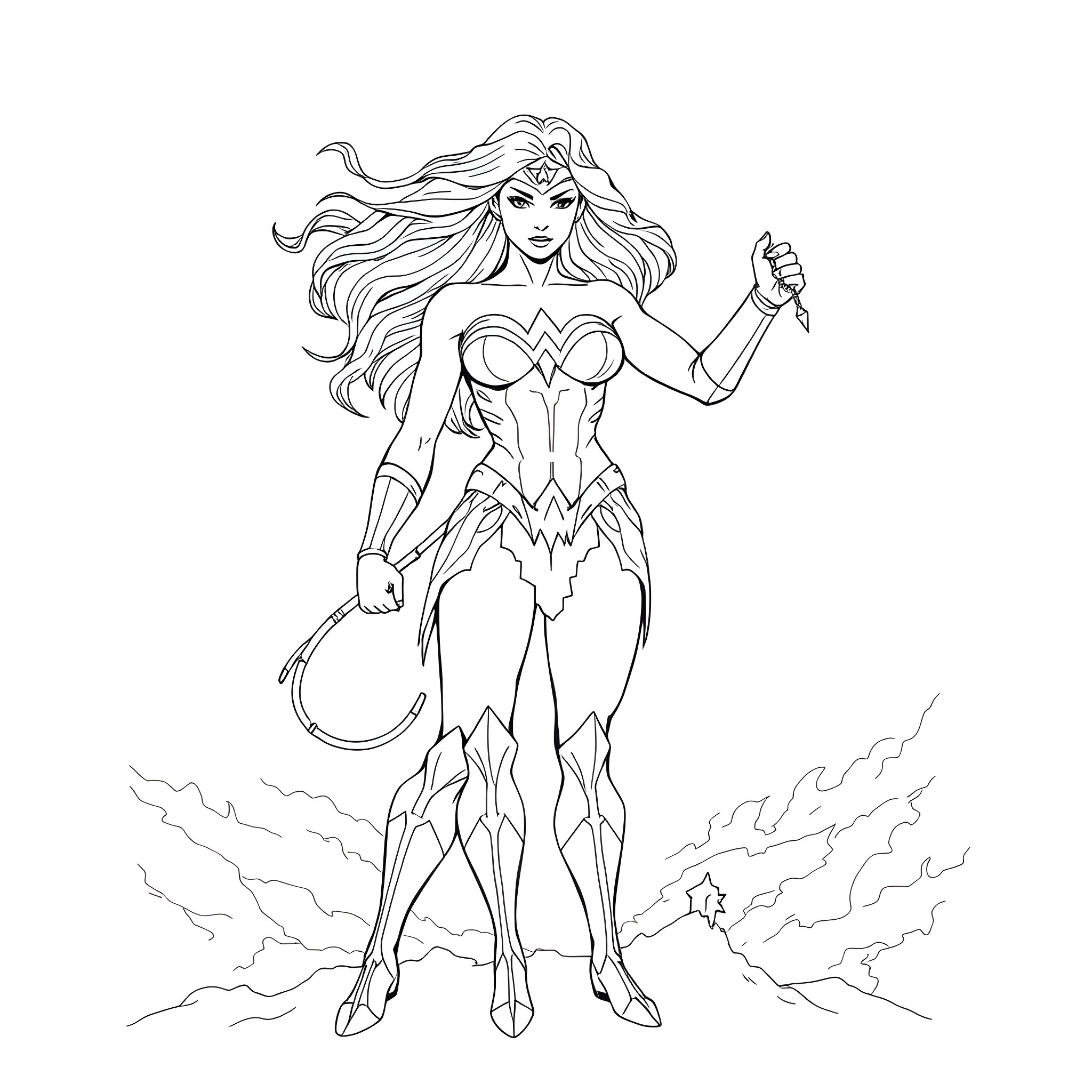 Wonder Woman in Battle Stance with Lasso Coloring Page (free black-and-white line drawing printable PDF for all, from beginners to advanced learners, including children, teens, adults, and seniors)