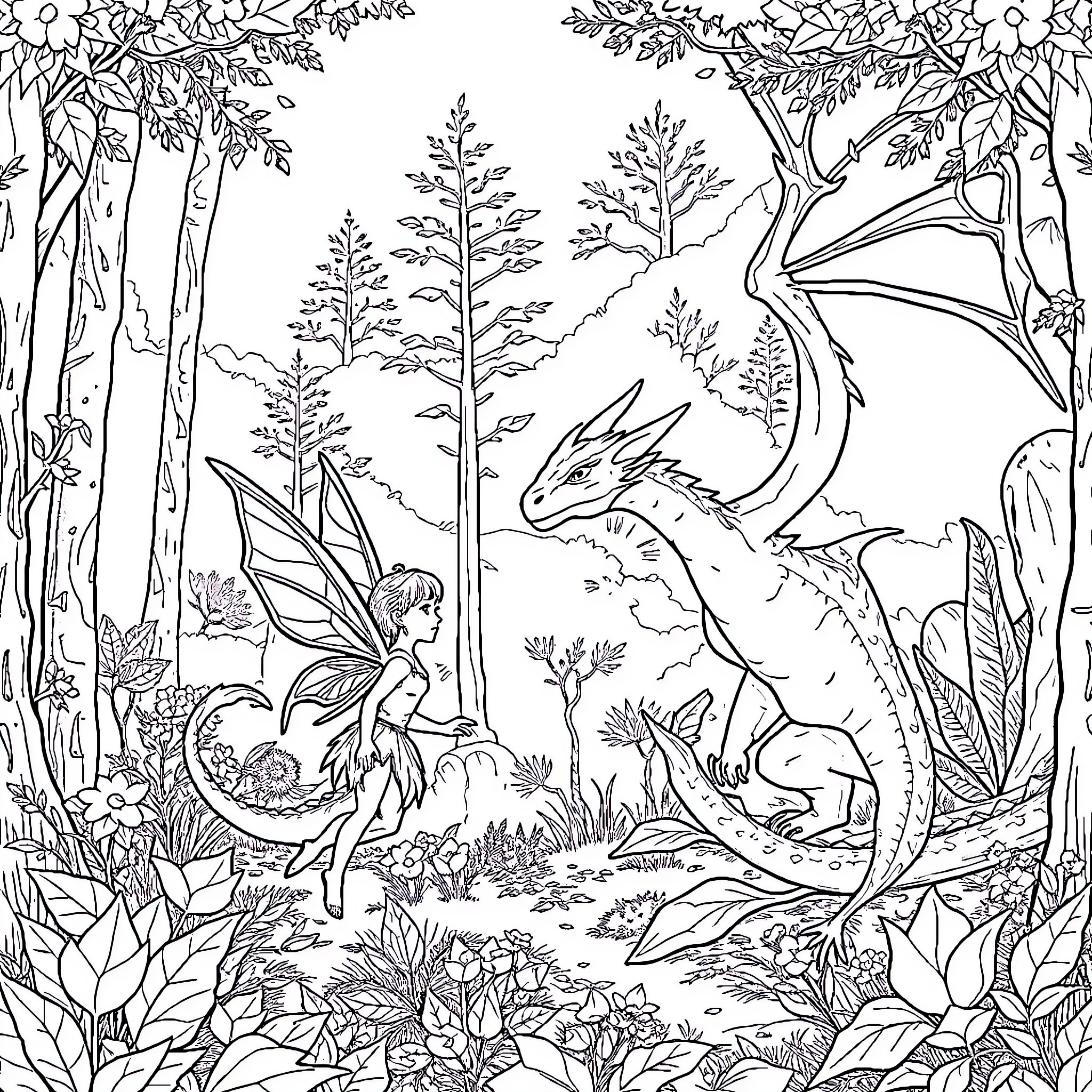 Fairy Dragon's Enchanted Forest Adventure Coloring Page (free black-and-white line drawing printable PDF for all, from beginners to advanced learners, including children, teens, adults, and seniors)