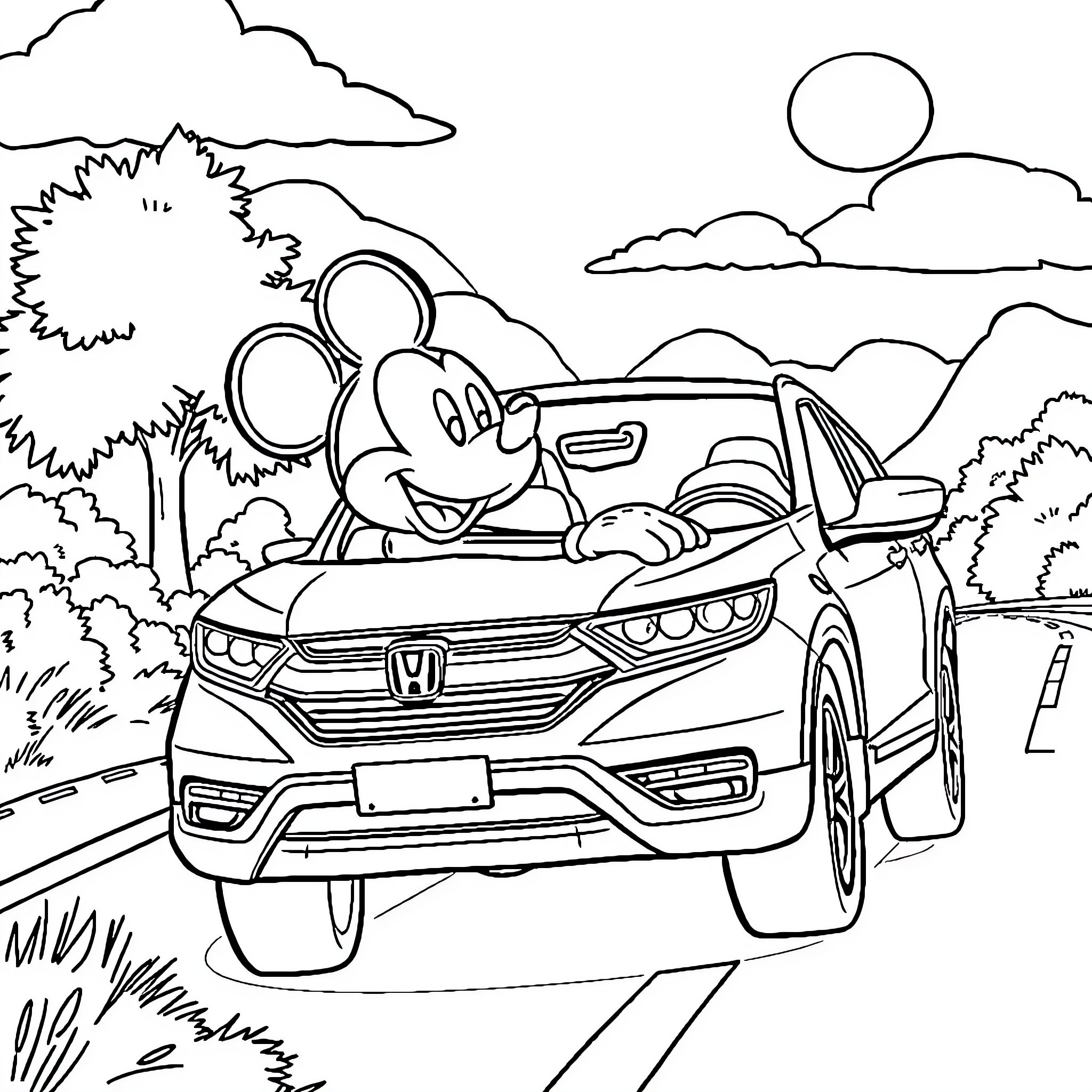 Mickey Mouse driving a car in the countryside Coloring Page (free black-and-white line drawing printable PDF for all, from beginners to advanced learners, including children, teens, adults, and seniors)