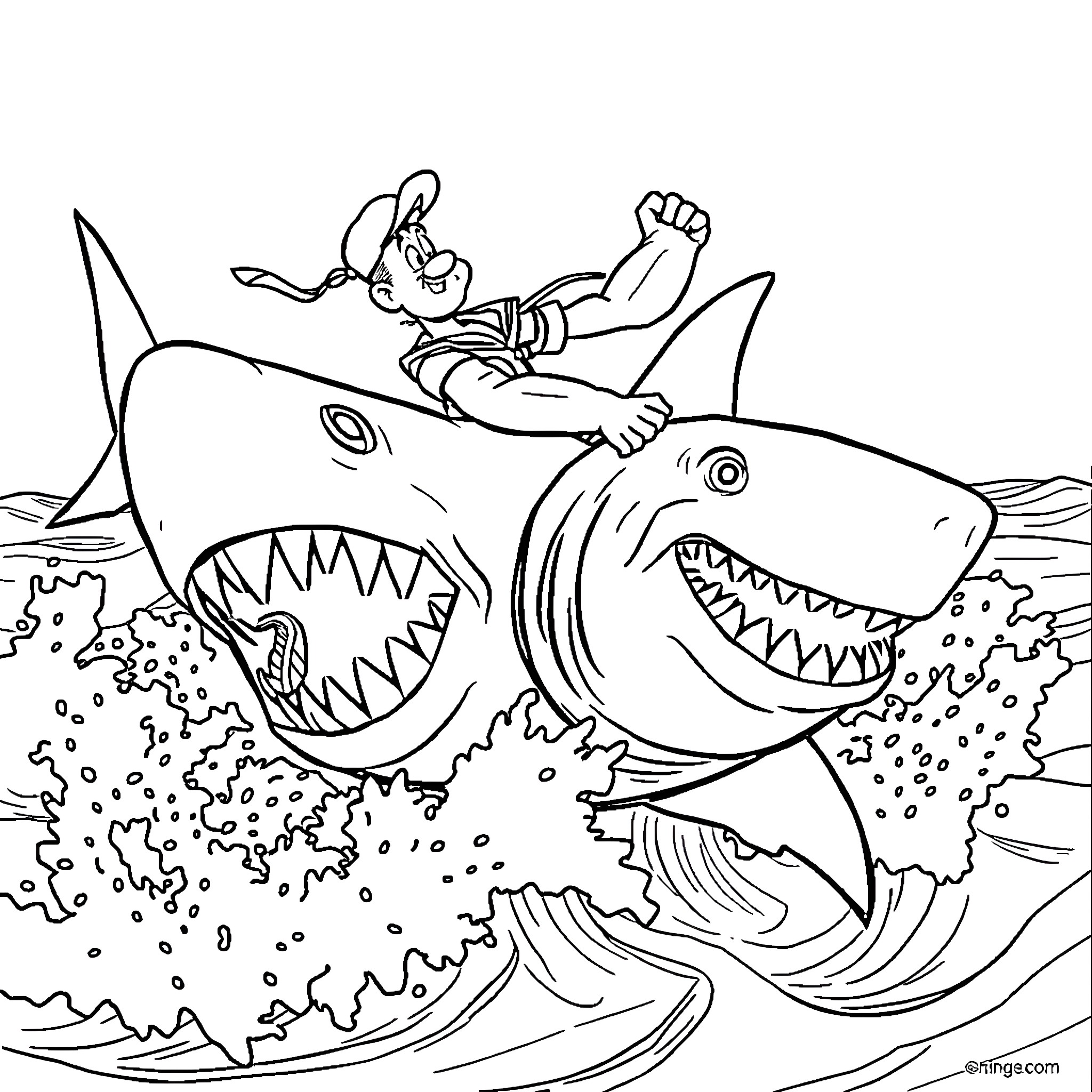 Popeye's thrilling sea adventure with a fearsome shark Coloring Page (free black-and-white line drawing printable PDF for all, from beginners to advanced learners, including children, teens, adults, and seniors)