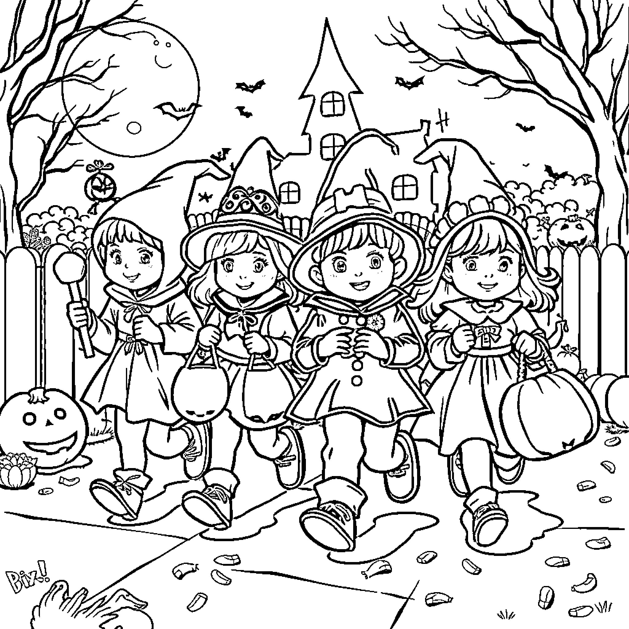 Kid Halloween Trick-or-Treating in Spooky Neighborhood Coloring Page (free black-and-white line drawing printable PDF for all, from beginners to advanced learners, including children, teens, adults, and seniors)