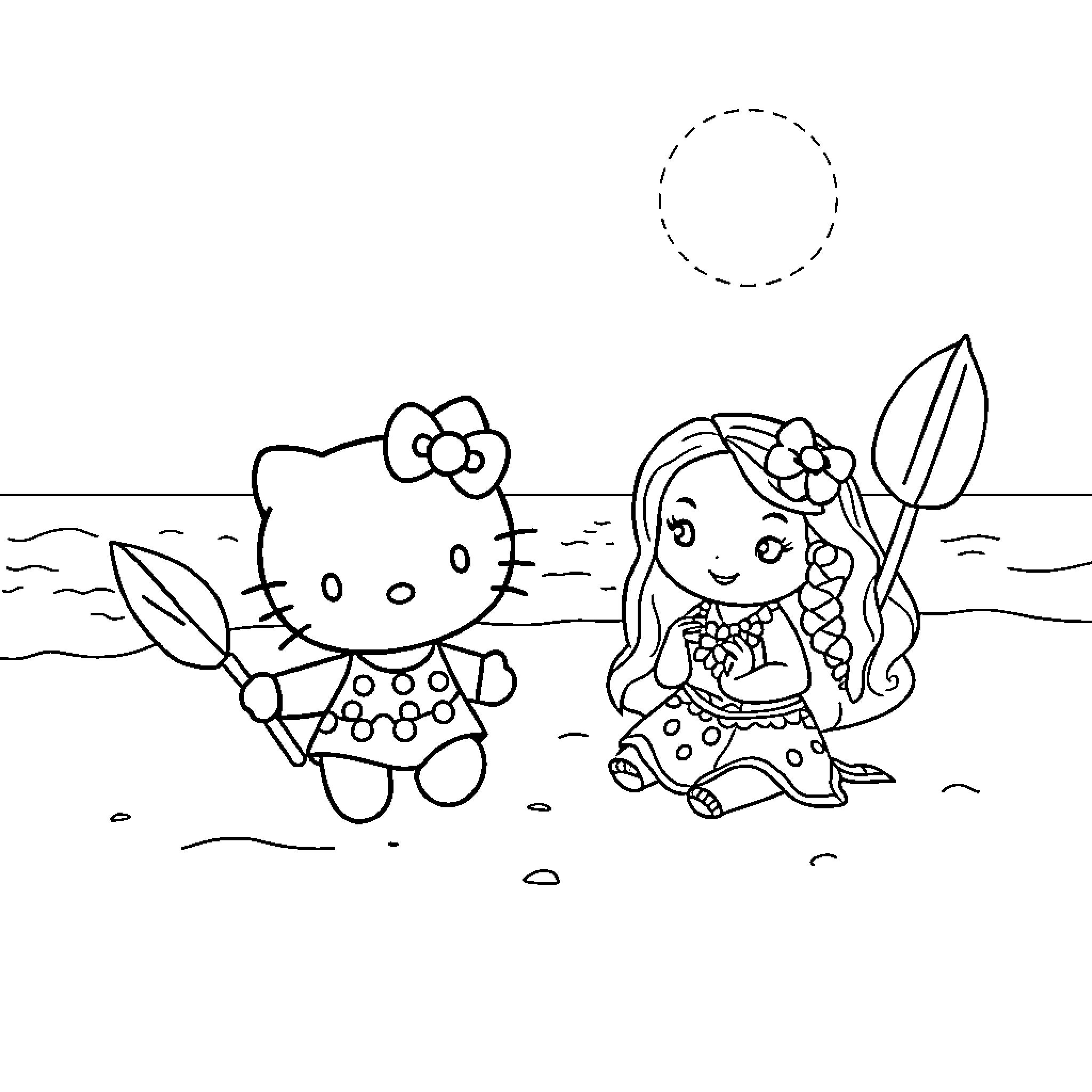 Hello Kitty and Friends Beach Adventure Coloring Page (free black-and-white line drawing printable PDF for all, from beginners to advanced learners, including children, teens, adults, and seniors)